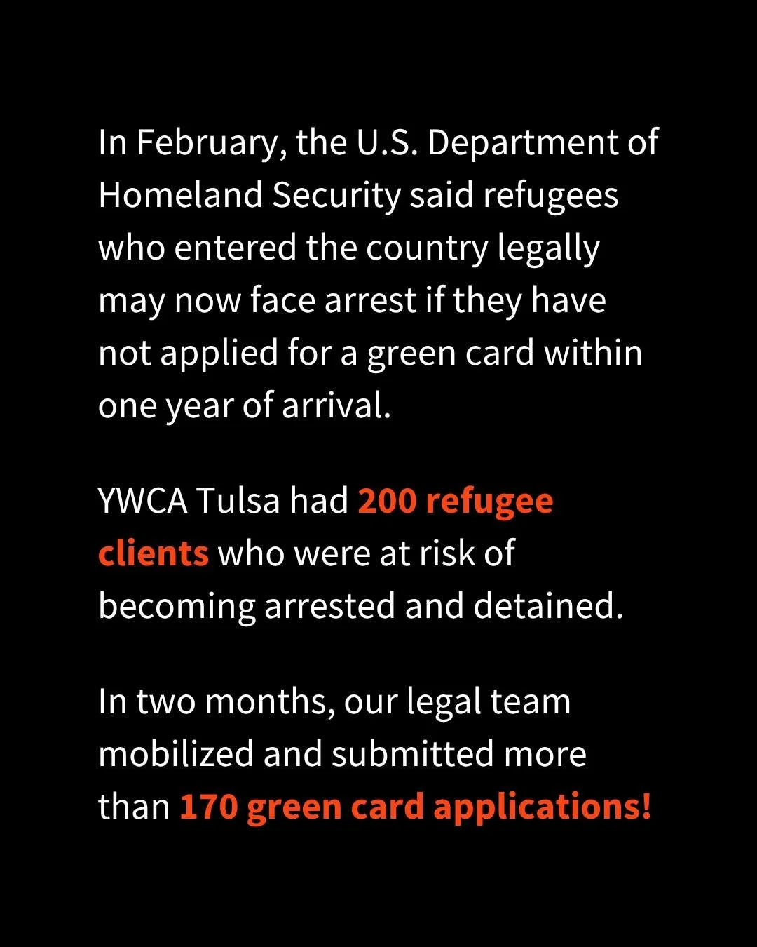 YWCA Tulsa was proud to help more than 170 refugee clients submit their green card applications! Big thank you to our dedicated Legal Services Team who had help from our caseworkers and interpreters! Learn more about the February memo at our link in 