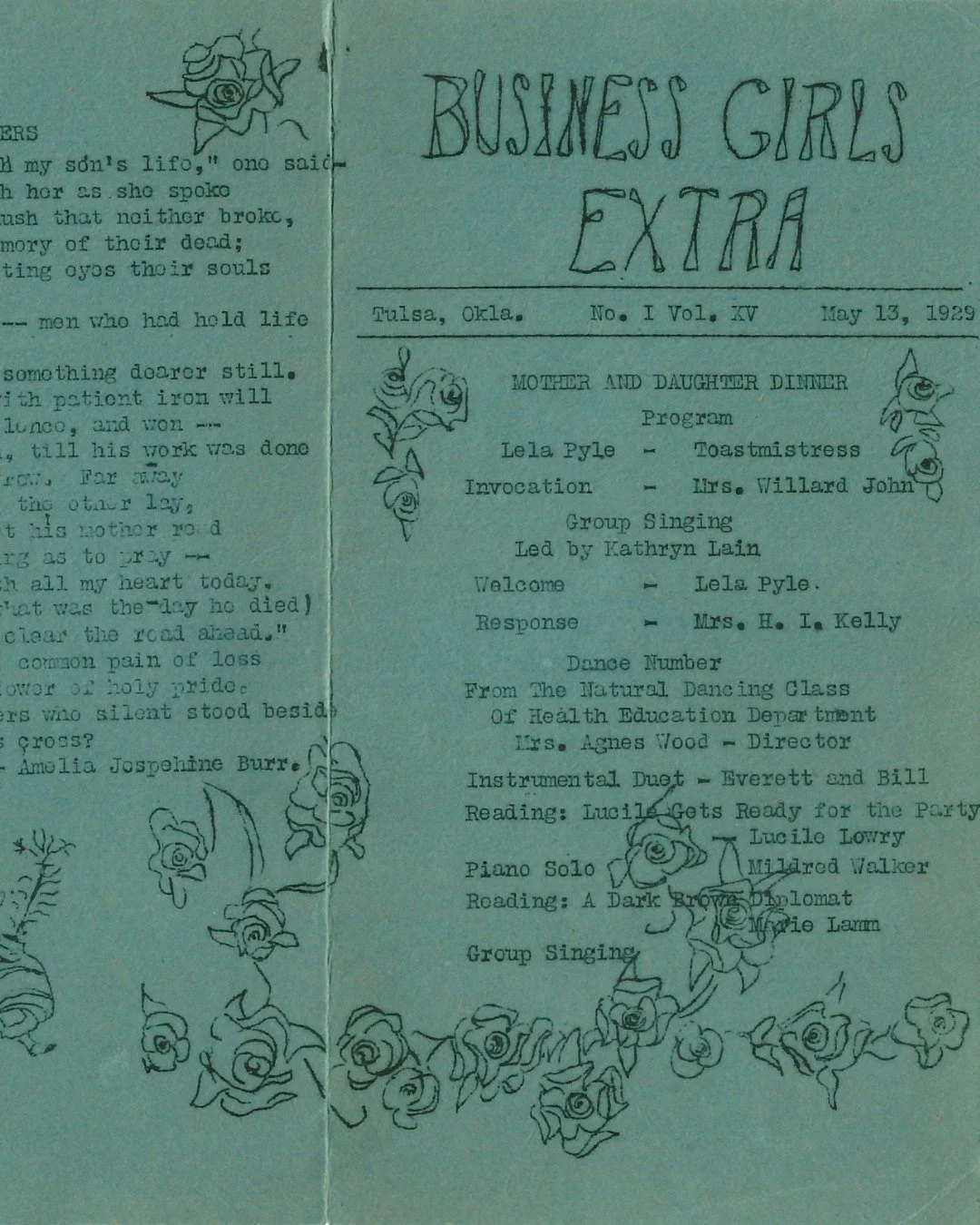 In 1929, YWCA's Business Girls Extra advertised a mother and daughter dinner, upcoming events and the "Y" Chatter. We learned "Gladys Wilson was cheated out of a seat at the birthday table last week by the flu. It was a real blow for G