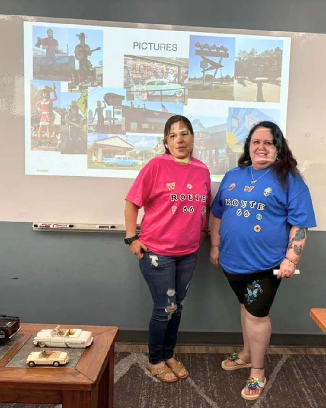 It's not every day that a presentation includes specially designed t-shirts! During an ESL class presentation, Consuelo Arenas and Blanca Bojorquez pulled out all the stops for their talk on Route 66. #GetYourKicksOnRoute66