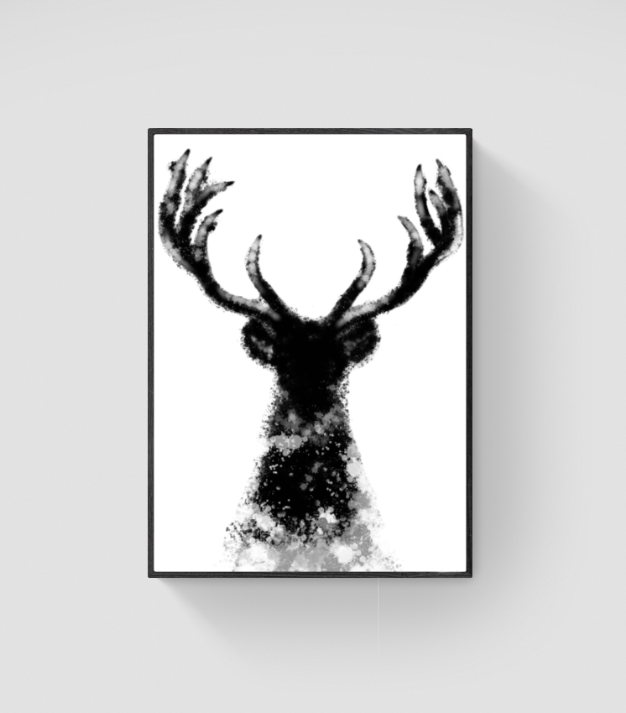 Digital painting of deer titled Deer Splash. Artwork is painted in white and black using splashing techniques.