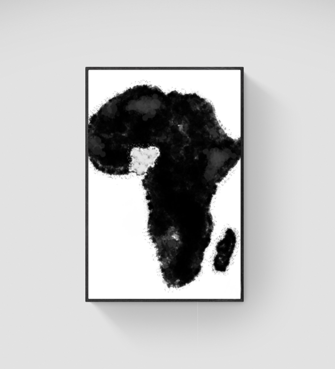 Digital painting of Africa highlighting Nigeria titled Splash of Home I. Artwork is painted in white and black using splashing techniques.
