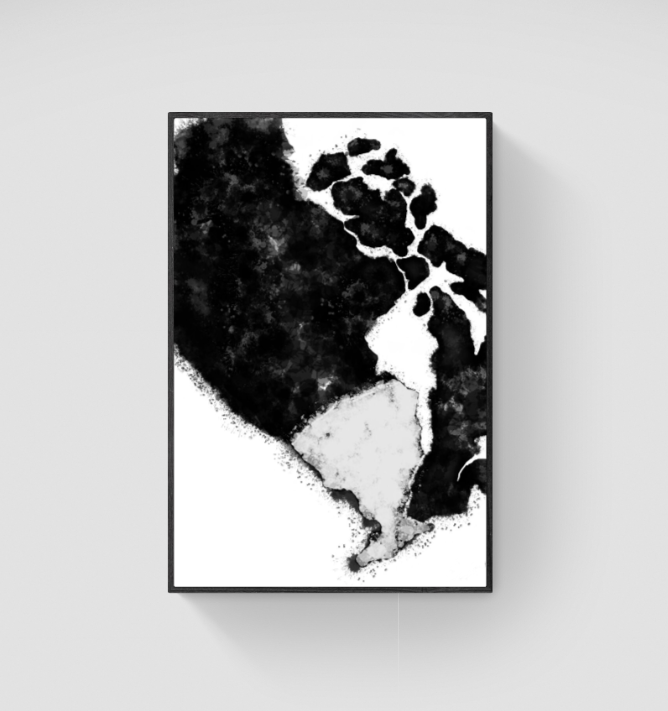 Digital painting of Africa titled Splash of Home II. Artwork is painted in white and black using splashing techniques.