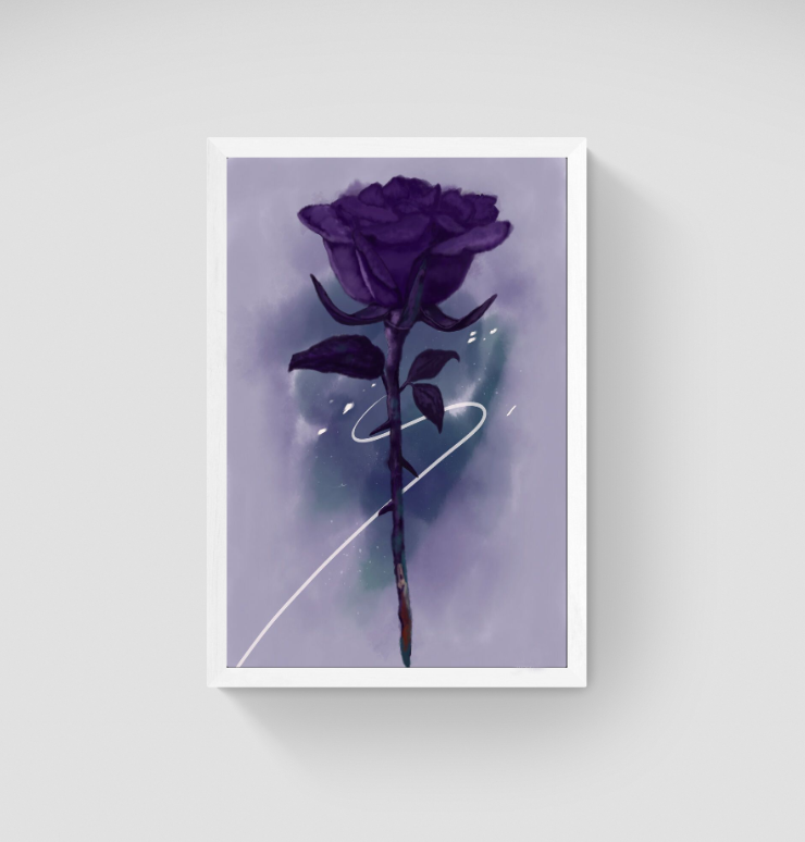 Digital painting of Rose flower titled Pain in Love. Artwork is painted in vibrant purple hues.