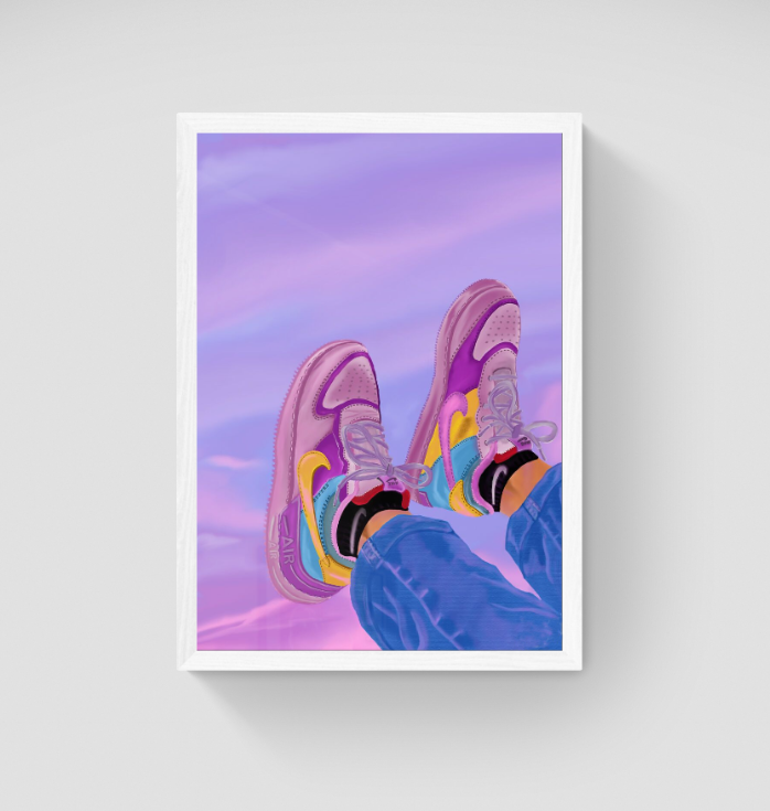 Digital painting of Nike shoes in sky Elevated Dreams. Artwork is painted in a mixture of Purple and Blue hues.