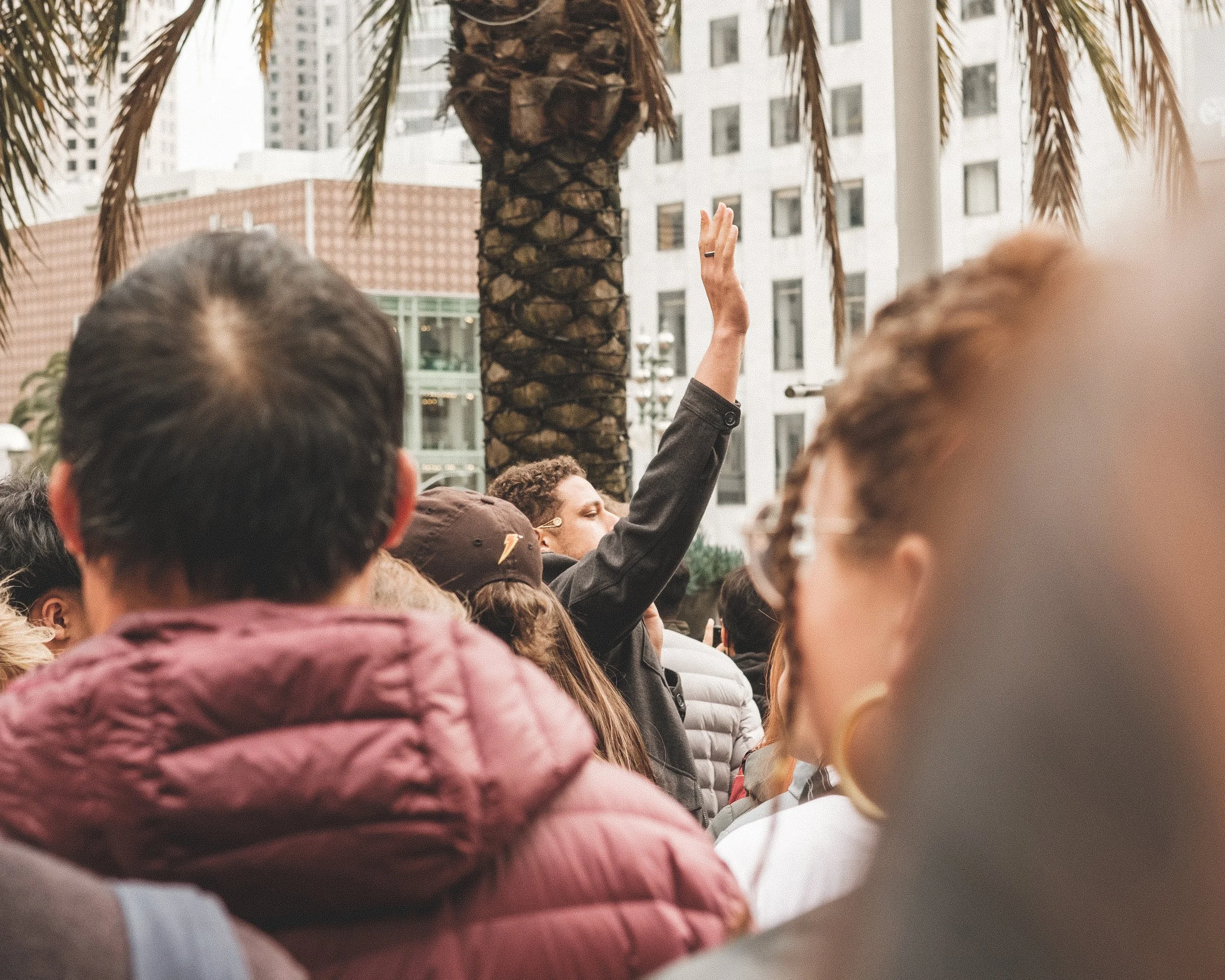 A crowd of people outdoors in an urban setting with palm trees and tall buildings, with one person raising their hand.