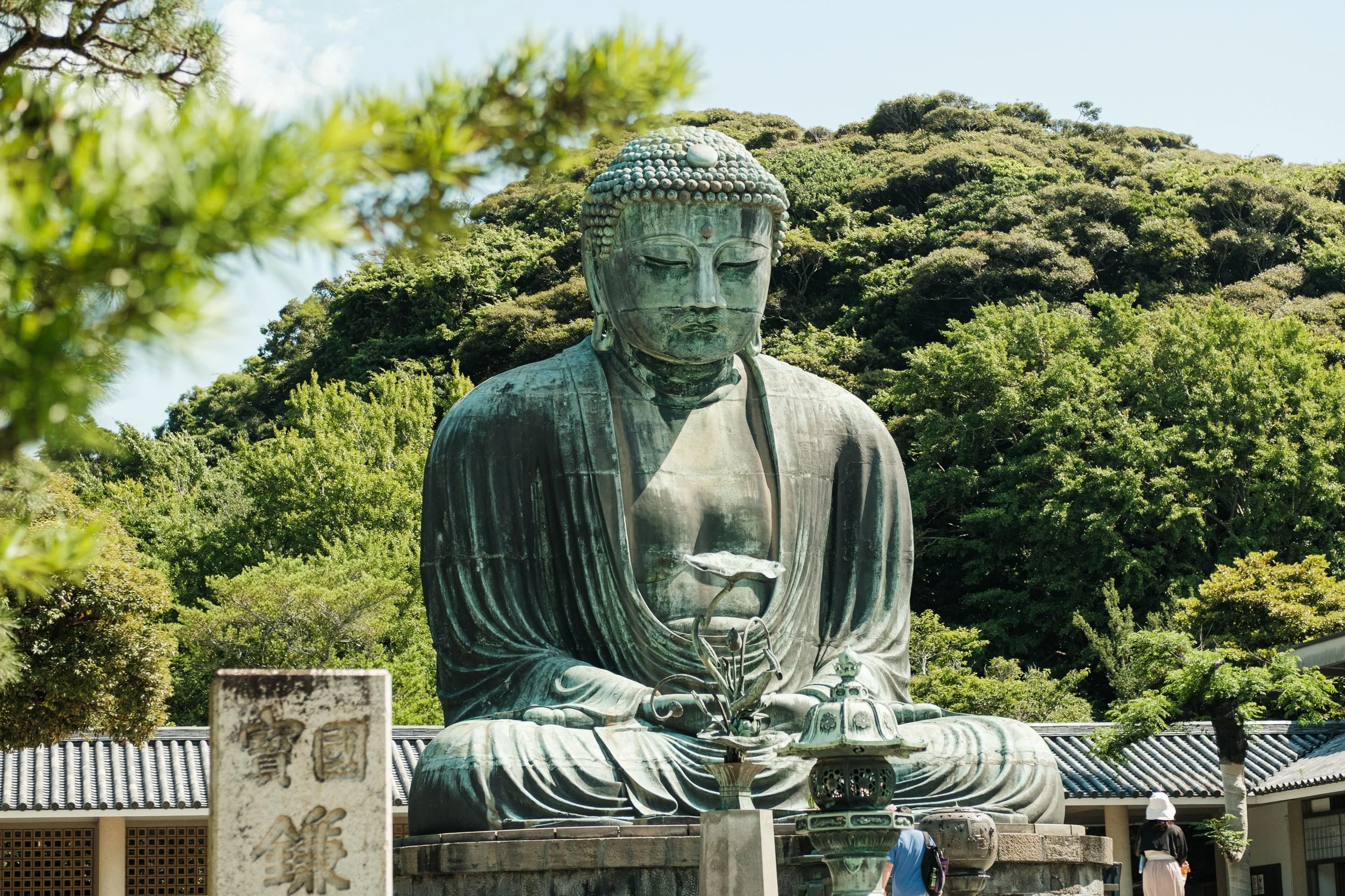 Large bronze statue of a seated Buddha outdoors, surrounded by greenery, with a mountain in the background.