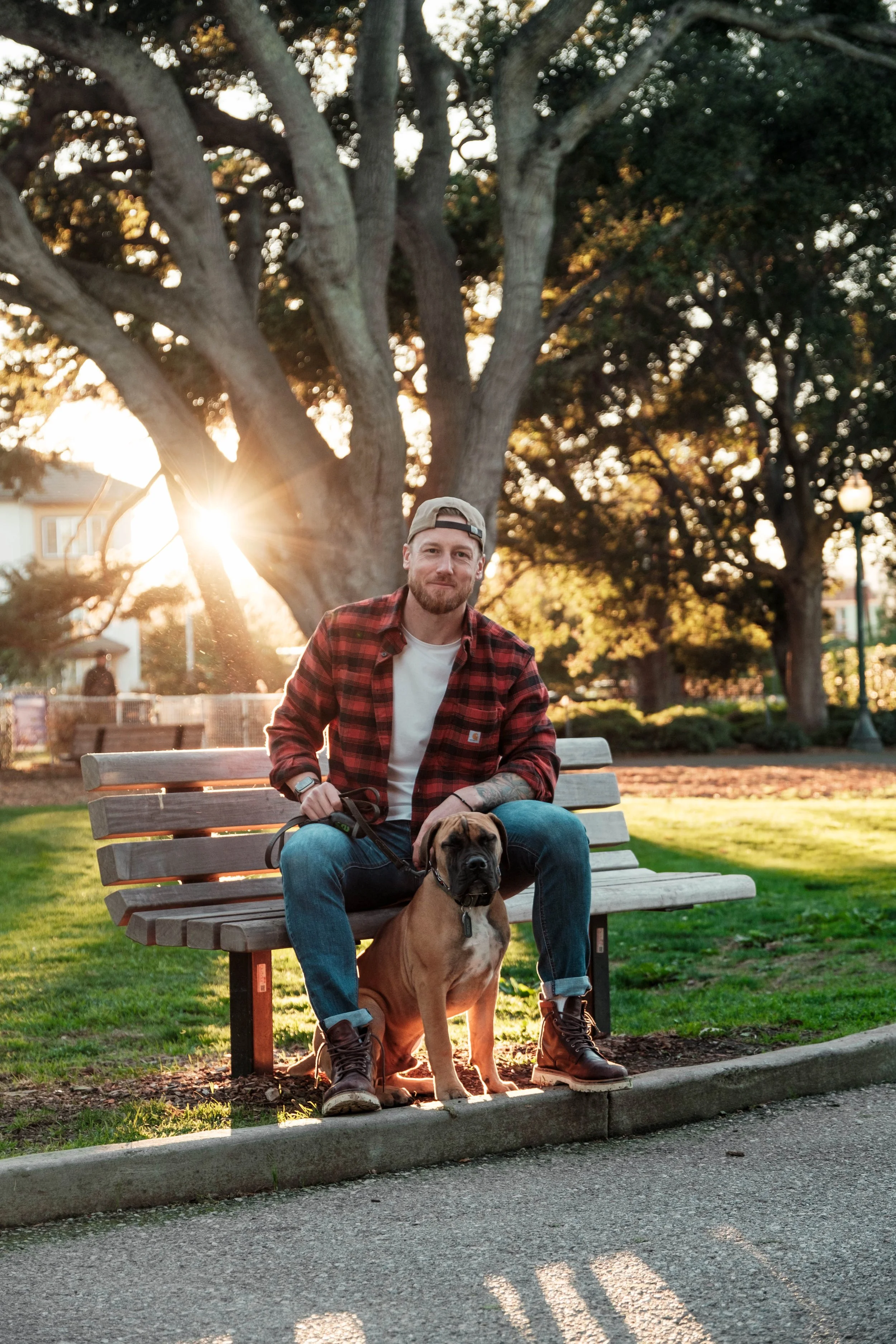 A man sitting on a park bench with a dog at his feet, during sunset with trees in the background.