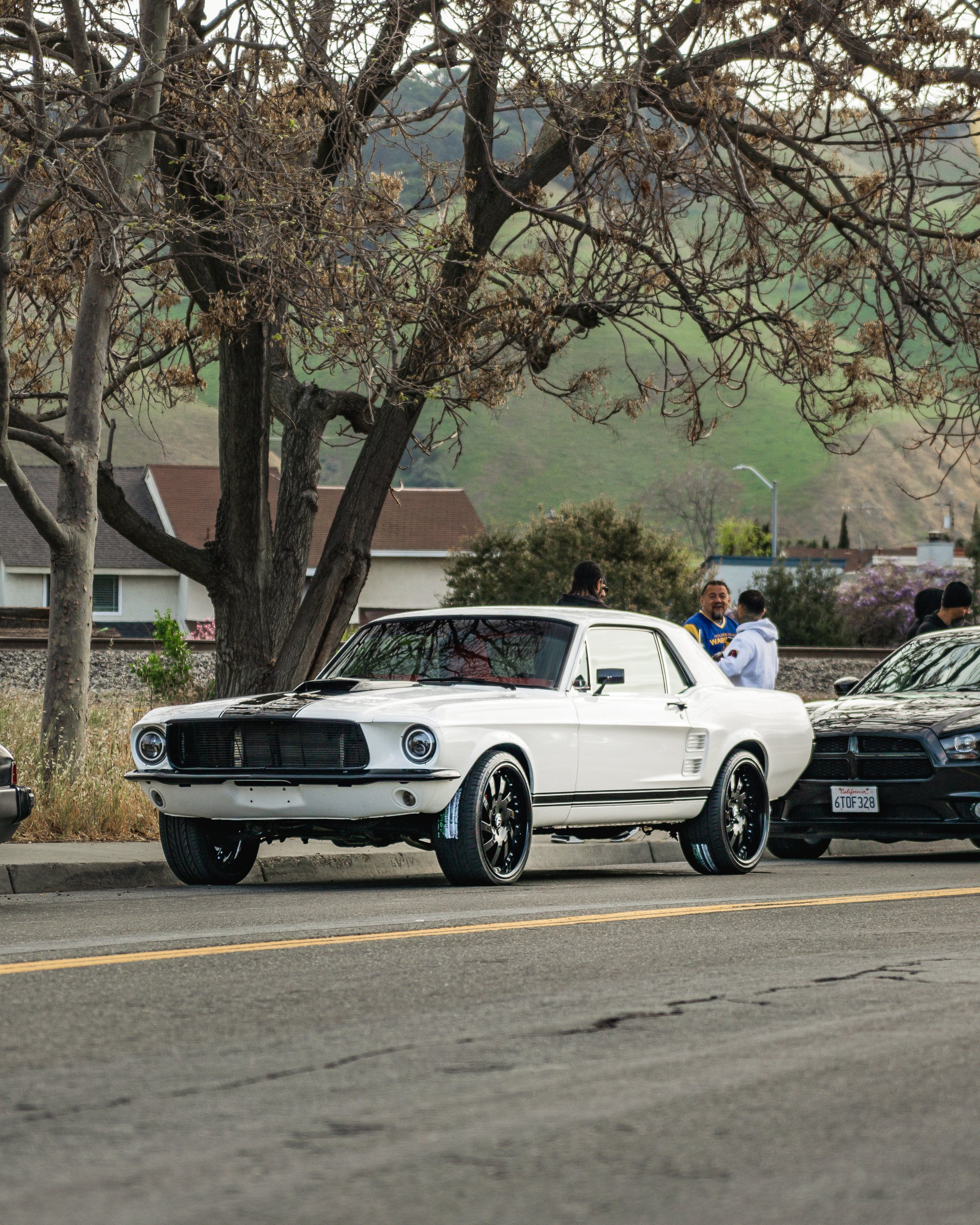 A white vintage car parked on the side of a tree-lined street with other cars and people in the background.