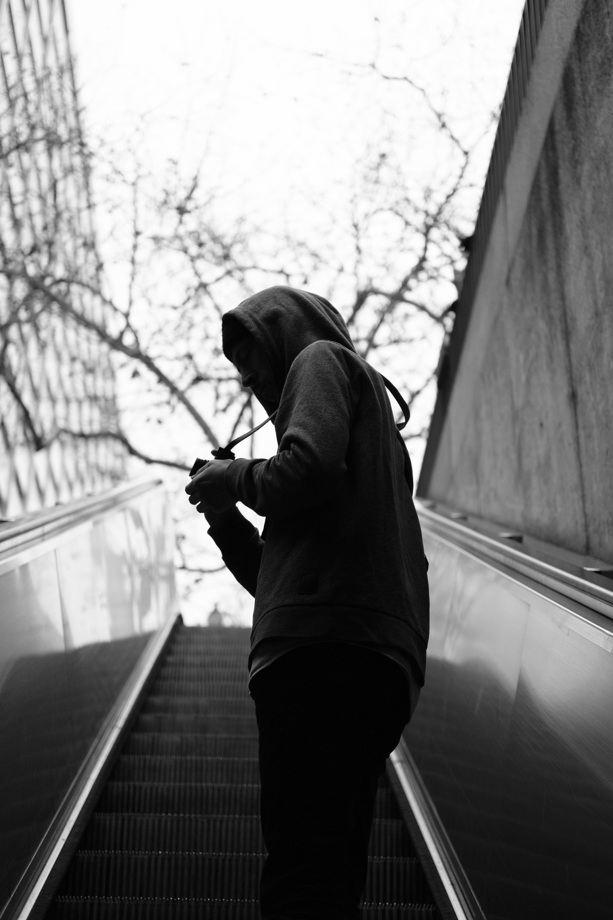 A person in a hoodie and backpack stands on an escalator, looking at their phone, silhouetted against a cloudy sky and bare tree branches in the background.