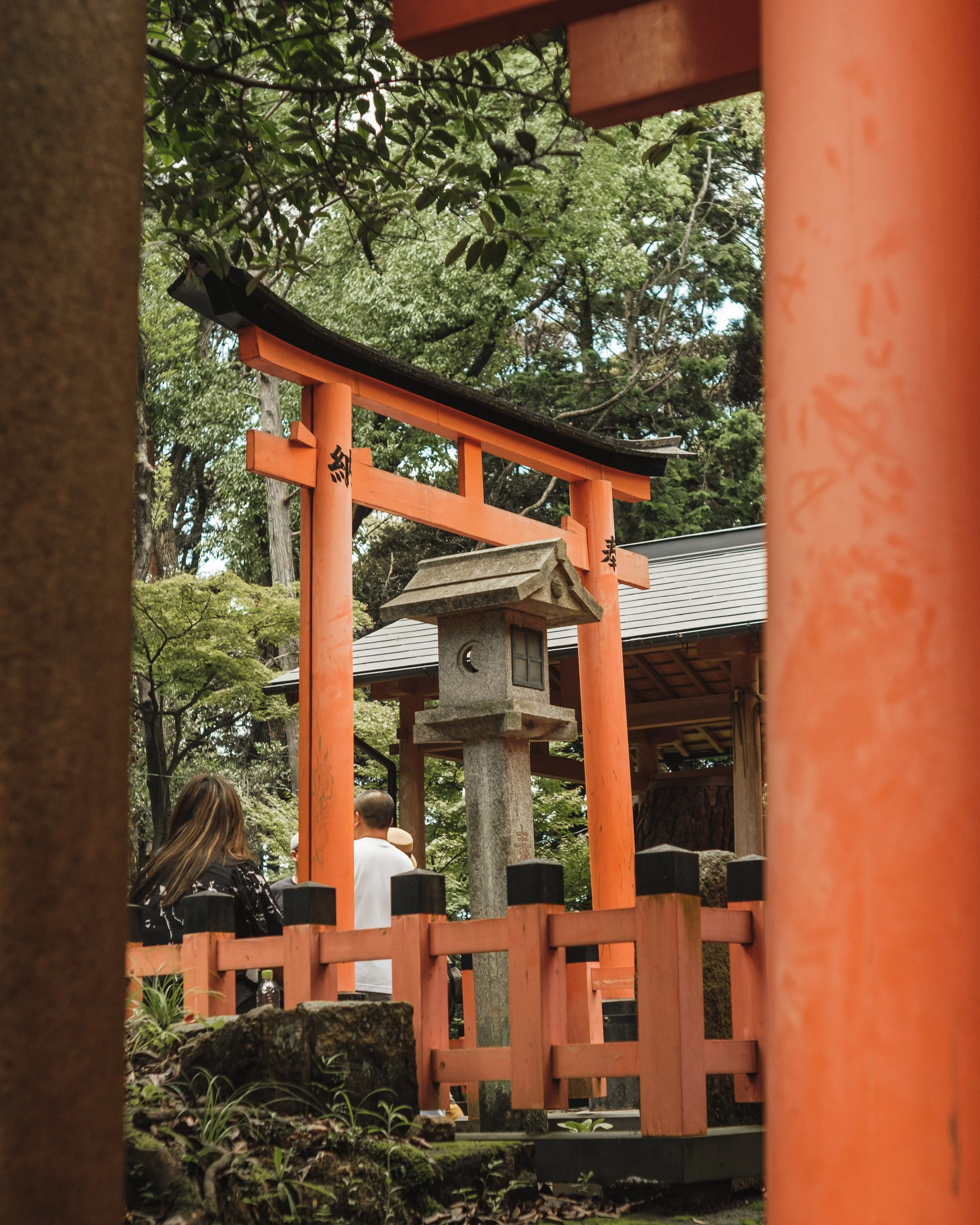 View of a traditional Japanese shrine entrance with red torii gates, stone lantern, and visitors, surrounded by trees.