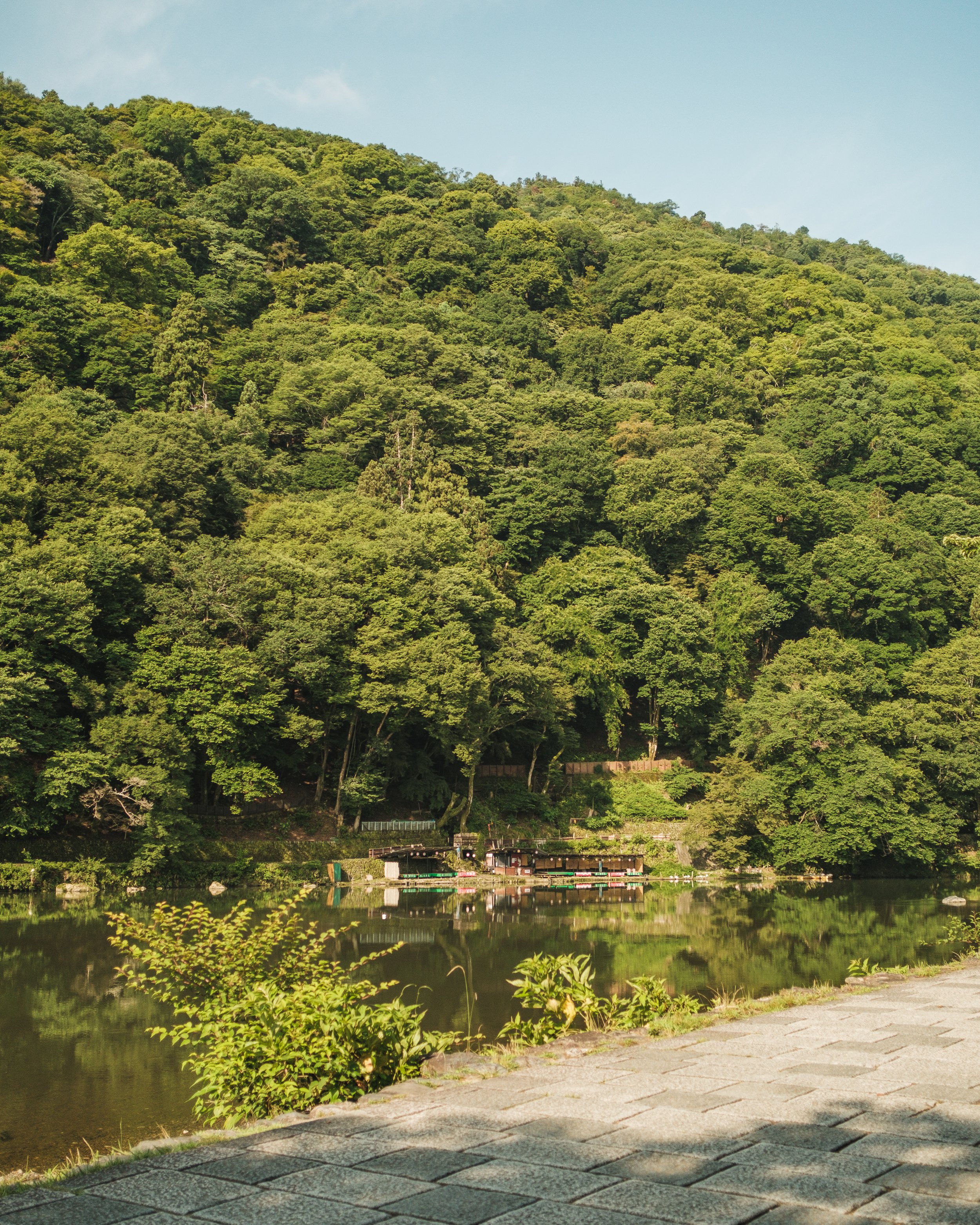 A scenic view of a lush, green hillside reflected in a calm body of water, with small boats along the shoreline and a paved path in the foreground.