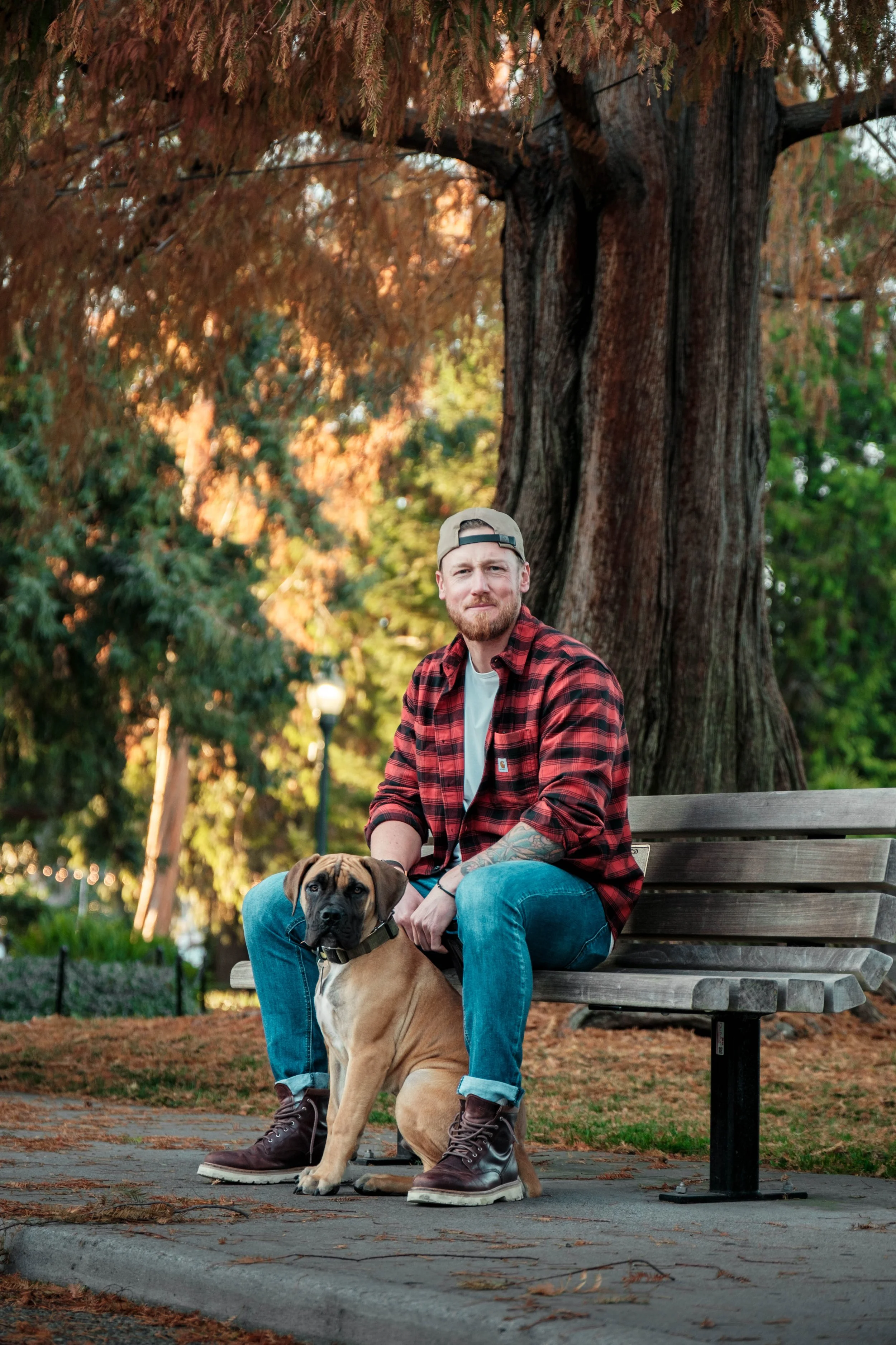 A man sitting on a wooden park bench with a large brown dog. The man is wearing a red and black plaid shirt, blue jeans, brown boots, and a beige baseball cap worn backwards. They are outdoors in a park with a large tree behind them and surrounded by