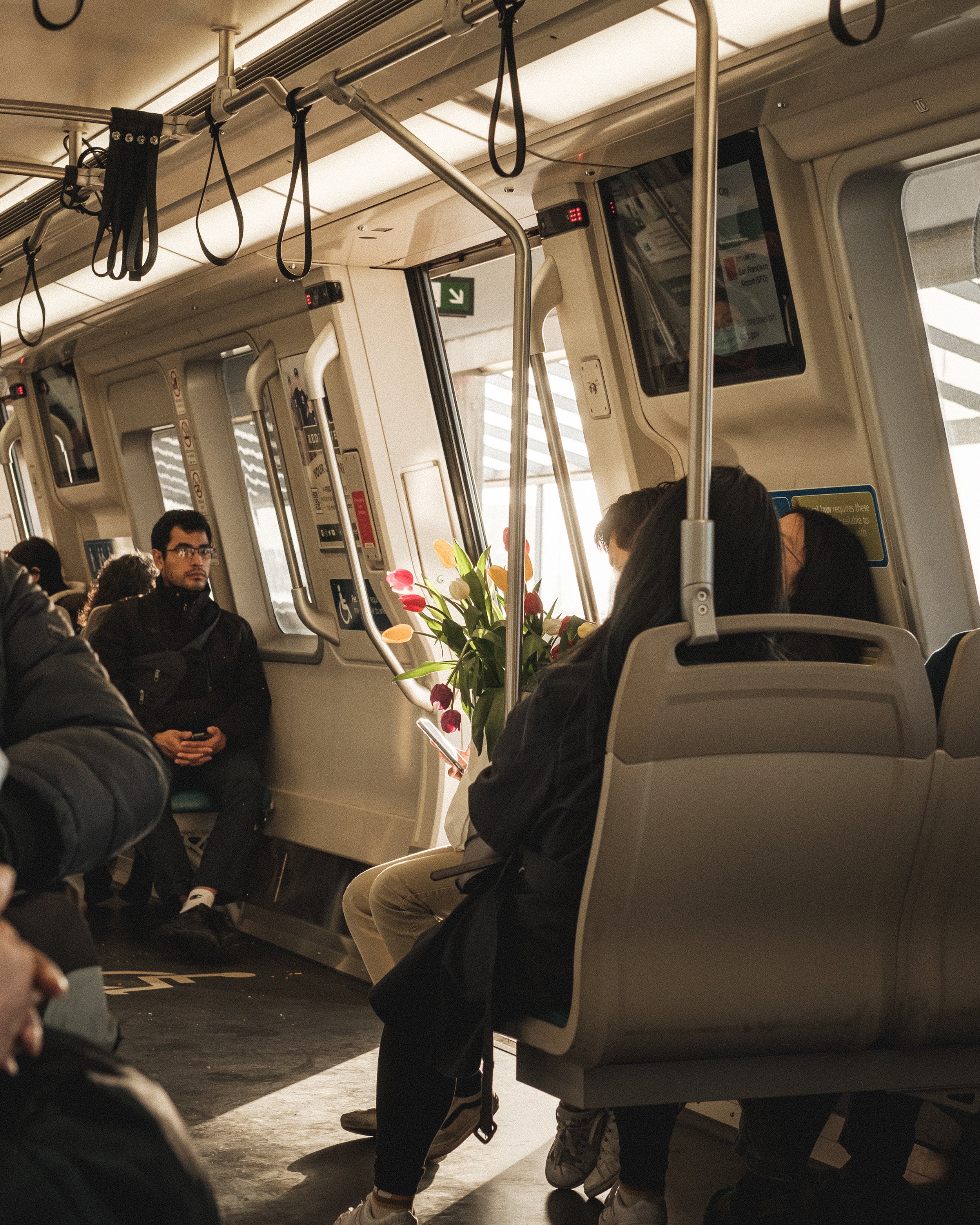 People sitting on a train, with a woman holding a bouquet of pink and orange tulips. Sunlight streams through the windows.