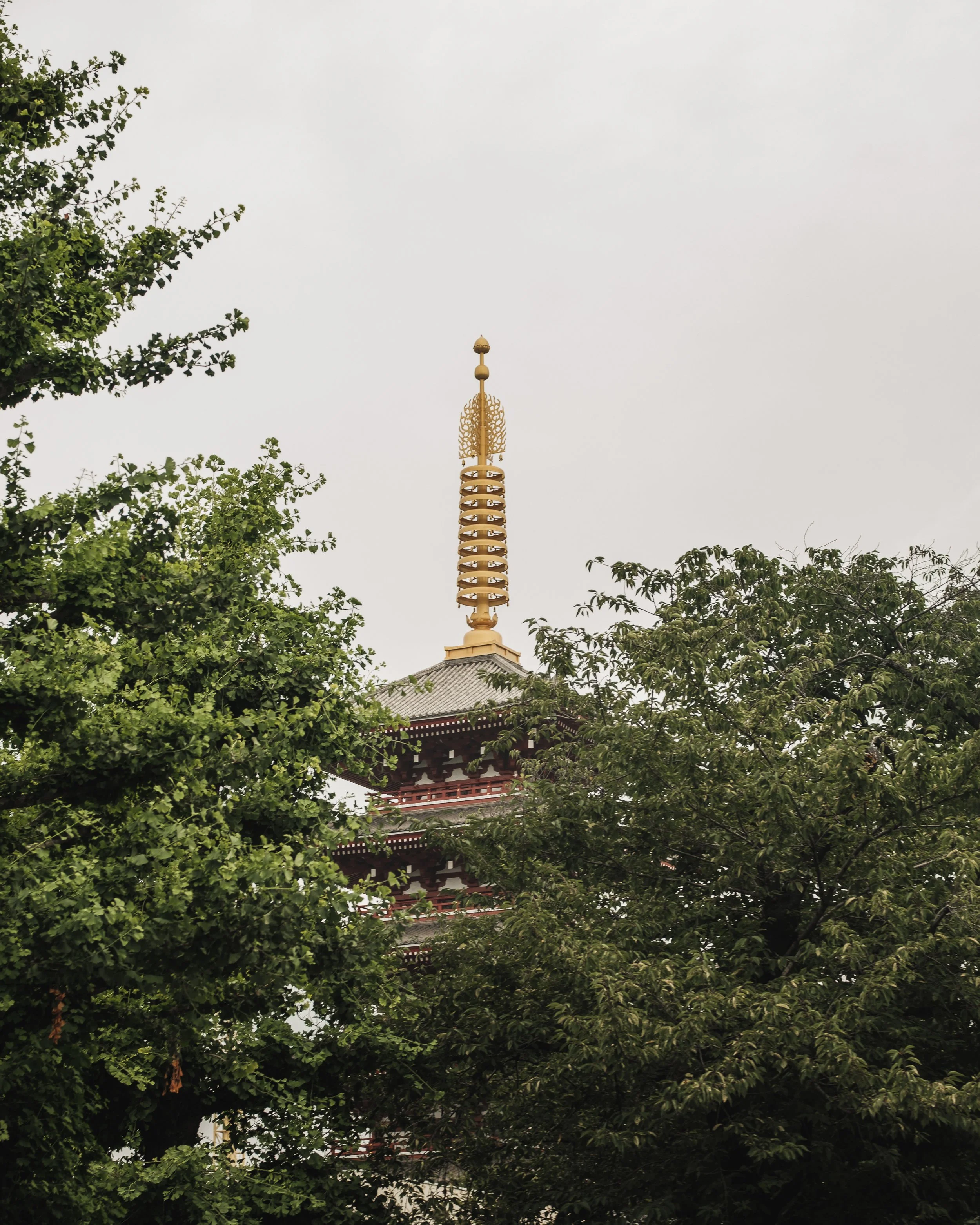 A pagoda-style roof partially obscured by trees, topped with a tall, ornate, golden spire under a cloudy sky.