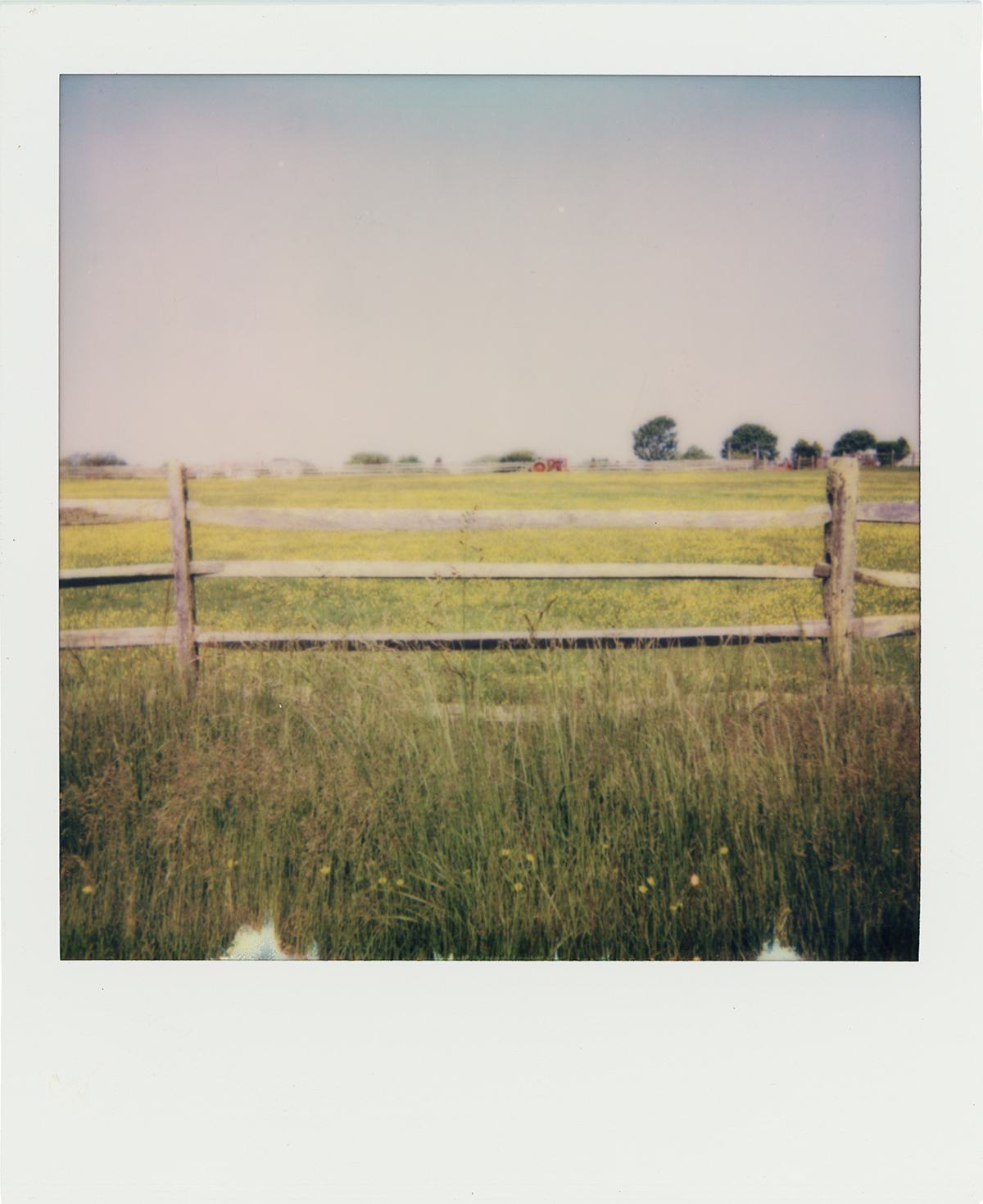A rural landscape with a wooden fence in the foreground, green grass, and a few trees in the distance under a clear sky.