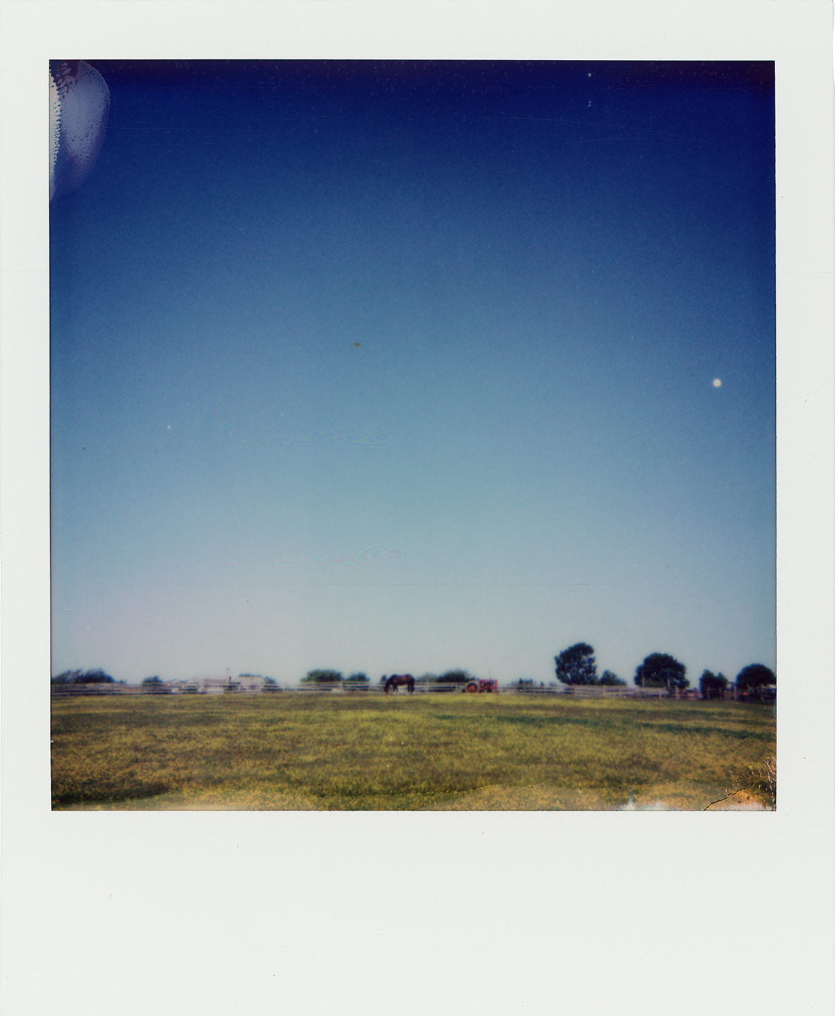 A wide open grassy field with a few scattered trees, a horse, and some farm equipment under a clear blue sky with a visible moon.