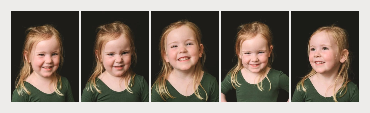 five expressive portraits of a little girl wearing a green shirt and red hair
