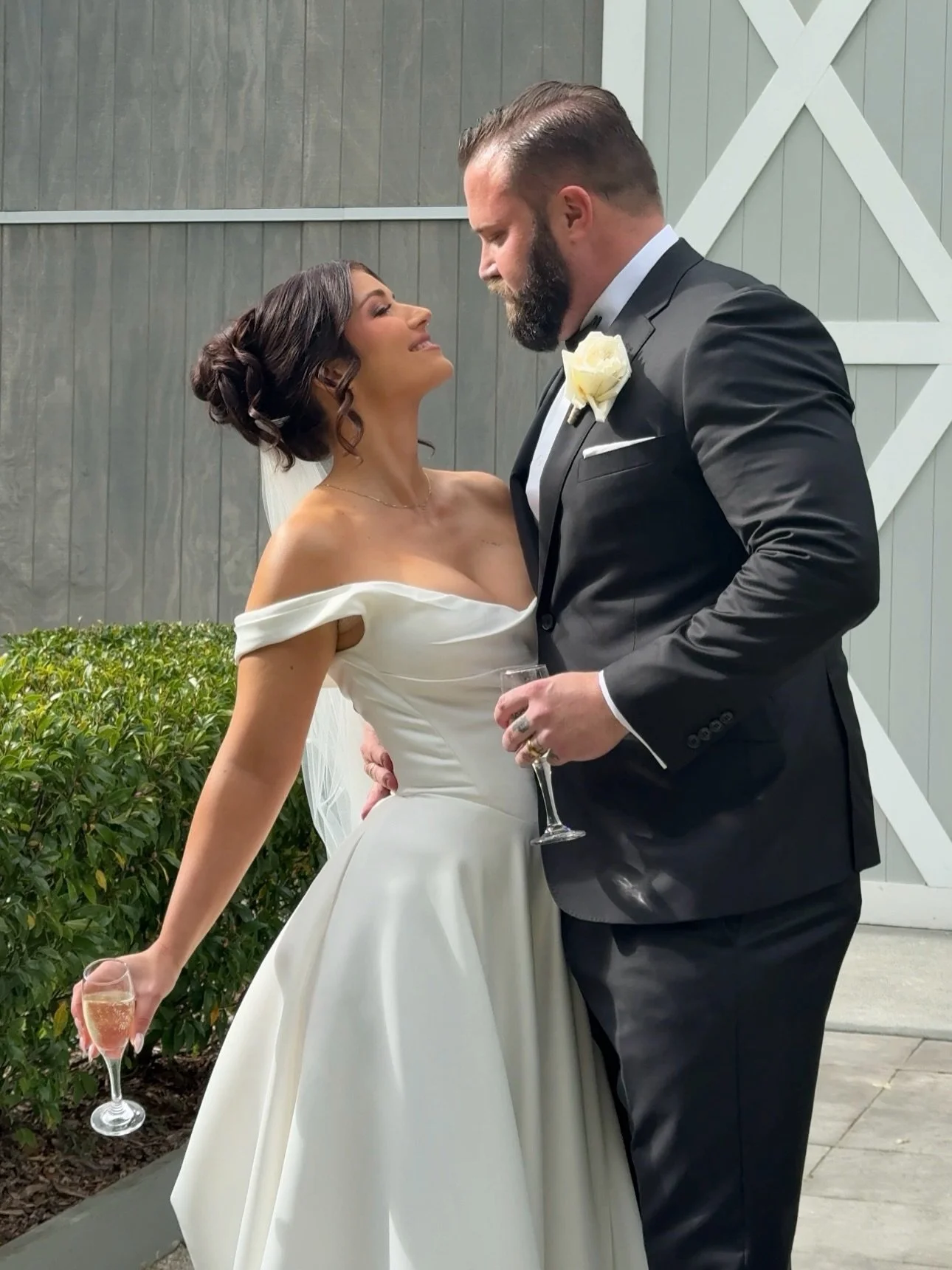 Real bride Toni wearing Emily by @trishpeng for her special day. 

Signature matte satin, off shoulder neckline, a beautifully soft basque waist and a side split that moved with her through every moment. 

Chic, timeless and completely and utterly To