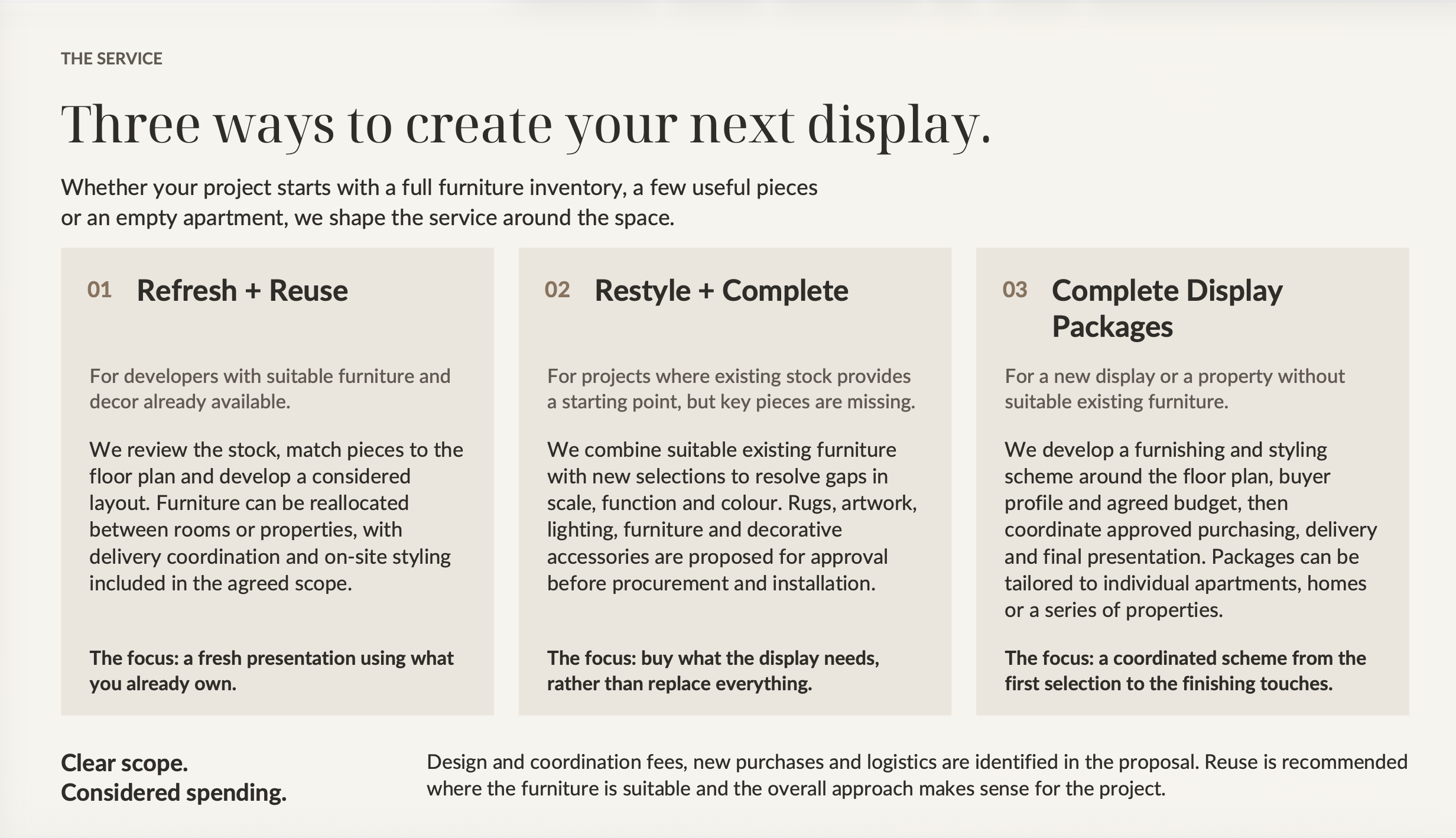 Text on a webpage titled 'Three ways to create your next display' offering three options: 'Refresh + Reuse,' 'Restyle + Complete,' and 'Complete Display Packages,' each with a description.
