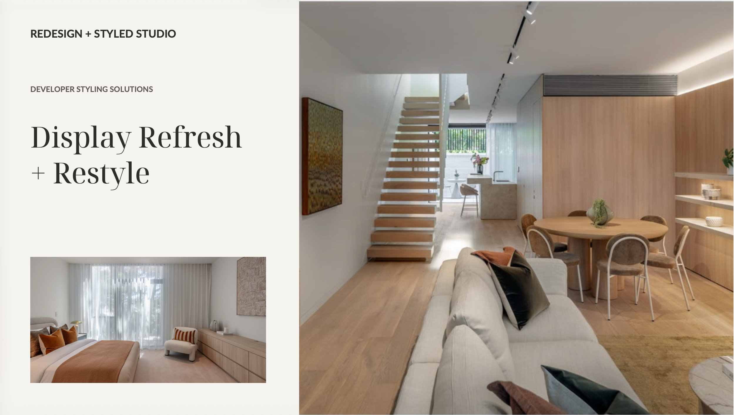 Interior of a modern, minimalist home featuring a staircase with wooden steps, an open living area with a round dining table and beige sofa, natural light from large windows, and wood-paneled walls.