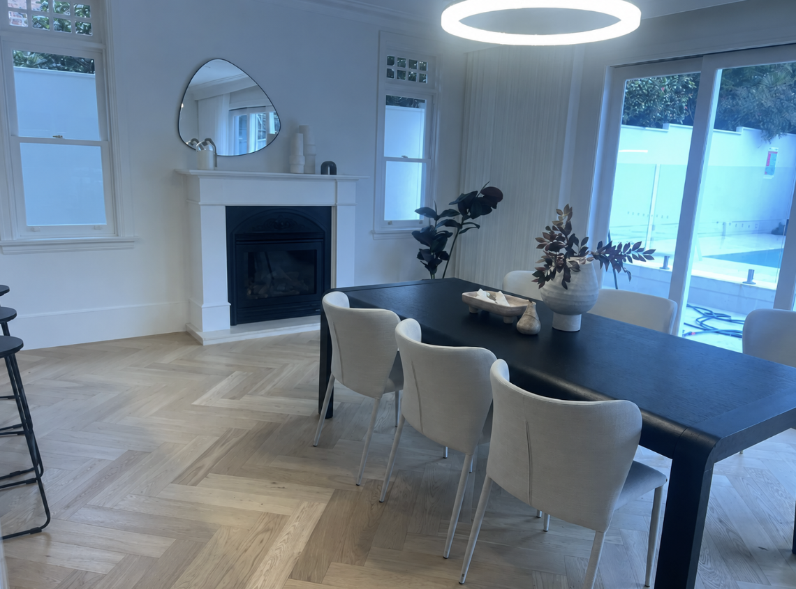 Dining room as first styled by another company, before the restyle, Northbridge