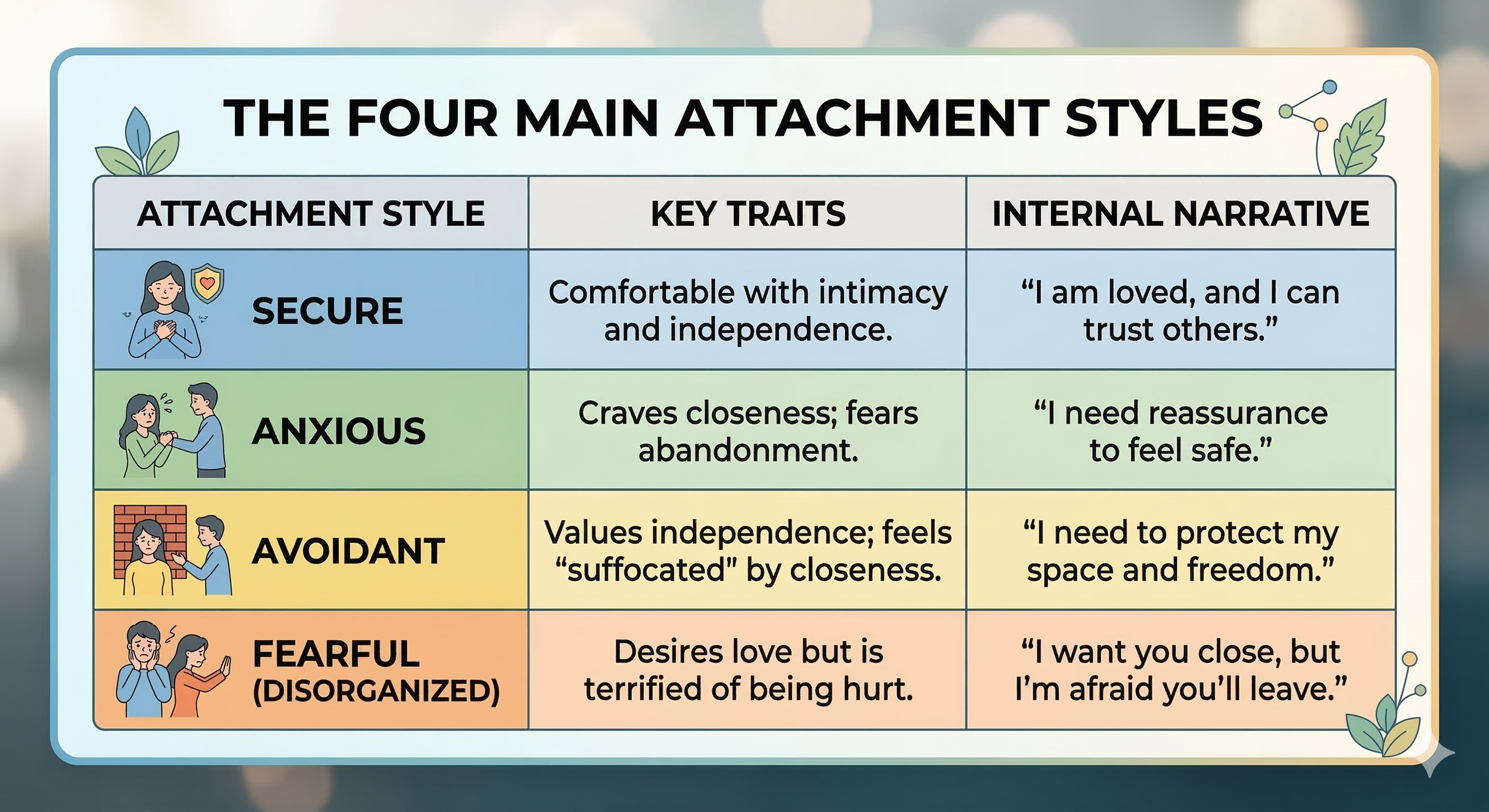 Attachment Style chart with 4 categories: secure, anxious, avoidant, and fearful