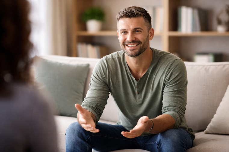 Man sitting on couch gently smiling at counselor