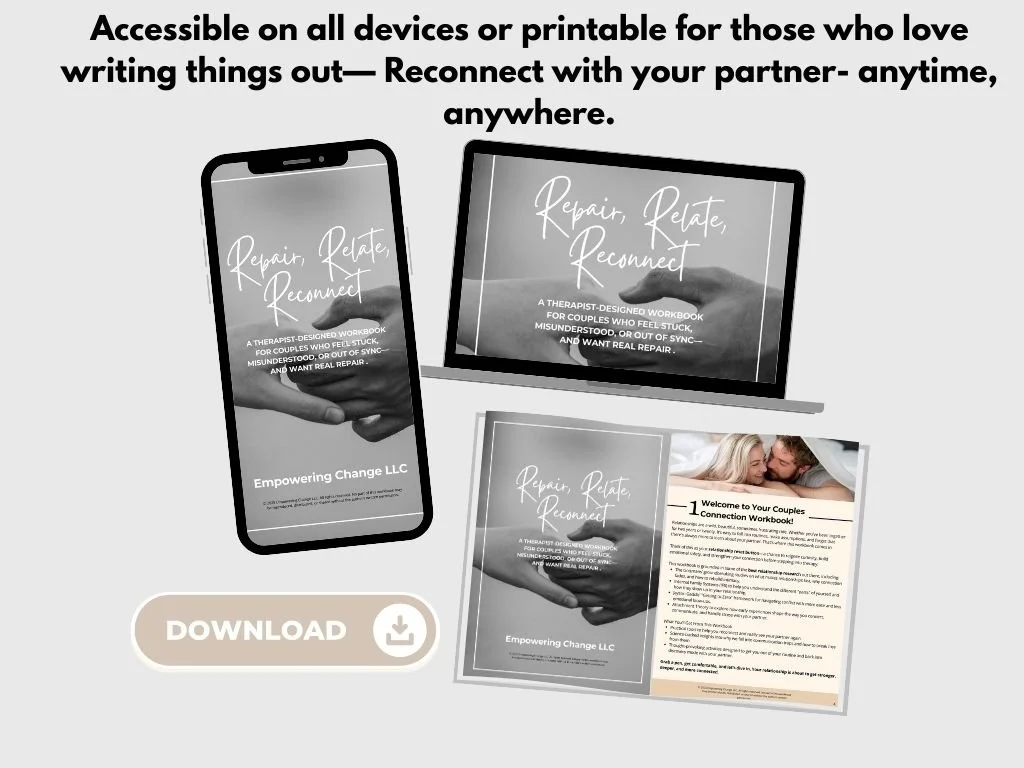 Digital devices displaying a workbook titled 'Repair, Relate, Reconnect' for couples, including a smartphone, a laptop, and a printed workbook, with a download button.