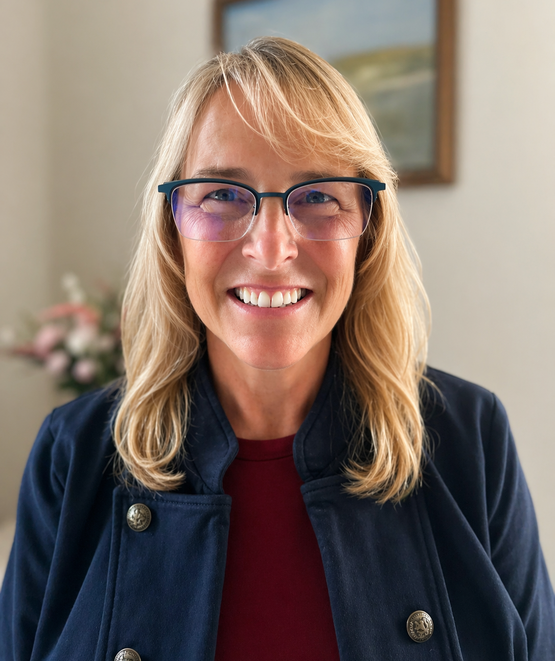 A smiling therapist with glasses.