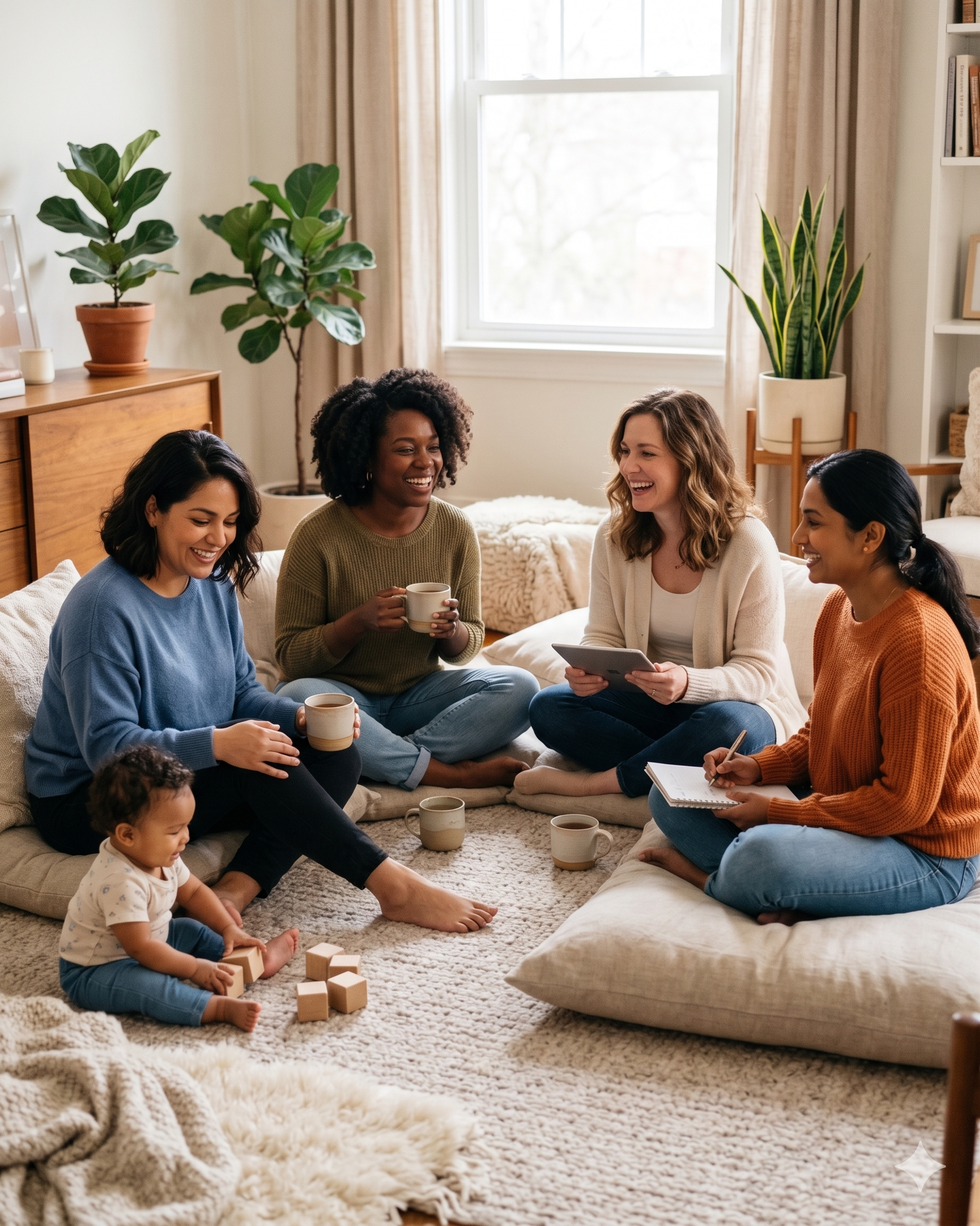 Women sitting in a circle smiling and engaging in a support group