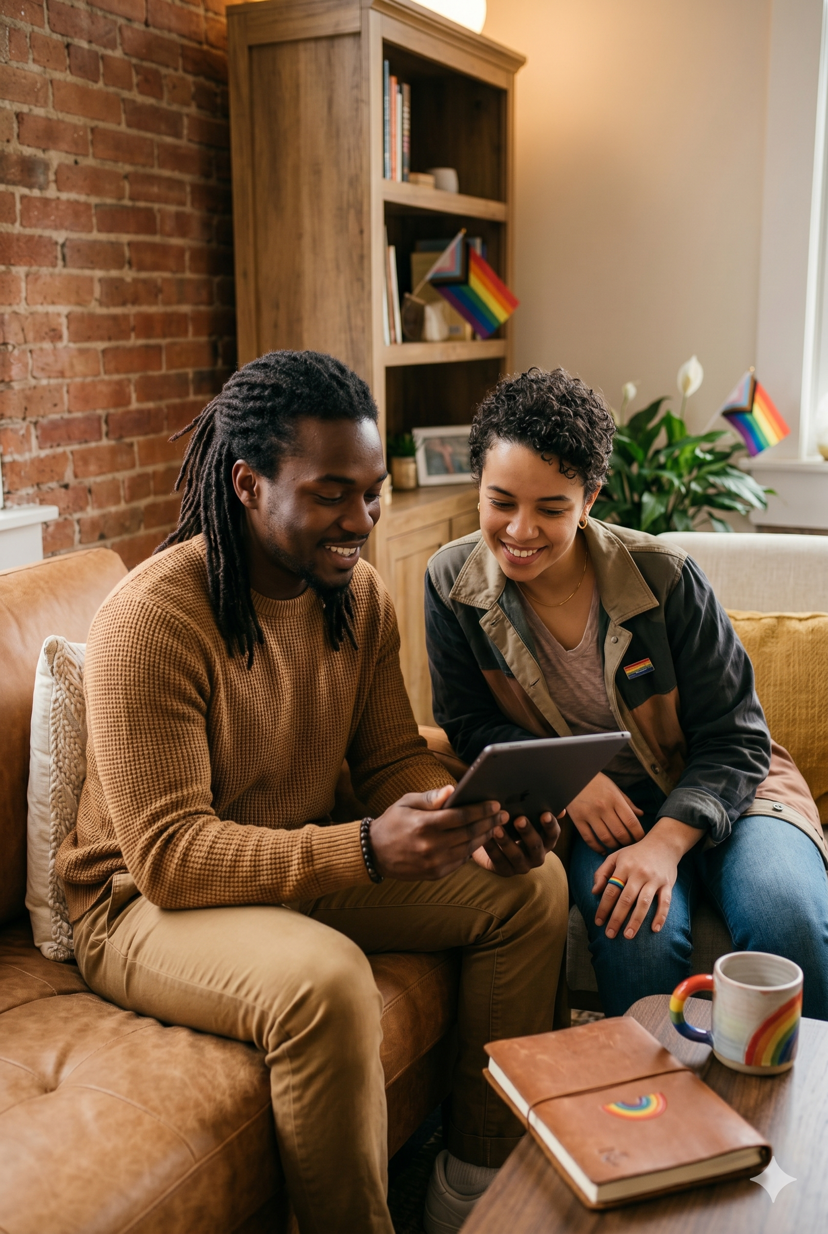 LGBTQ individuals looking at a tablet smiling