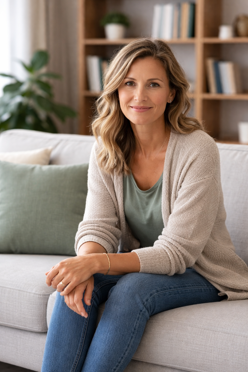 Woman sitting on therapy couch and smiling gently