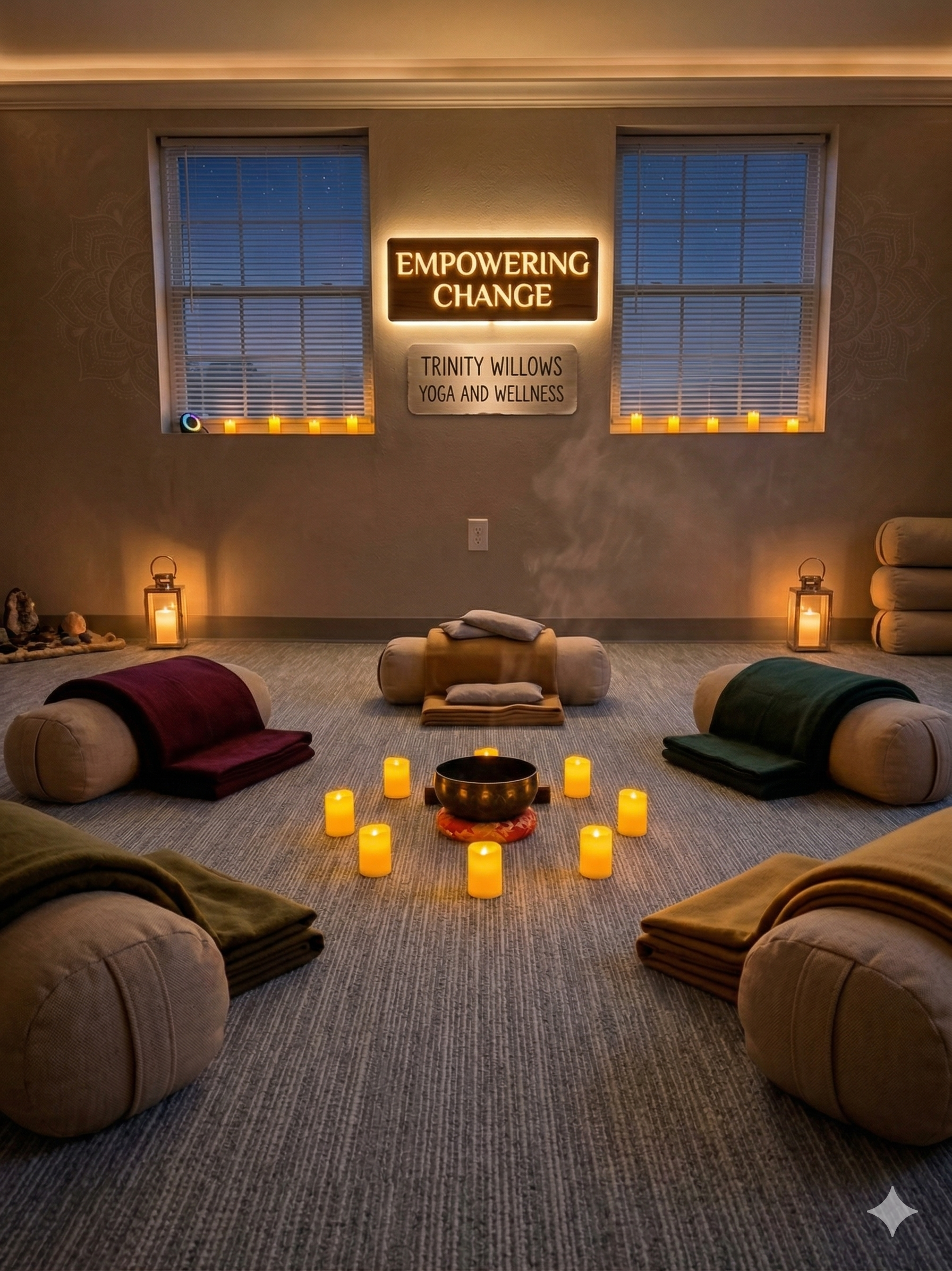 wellness room with yoga bolsters and candles