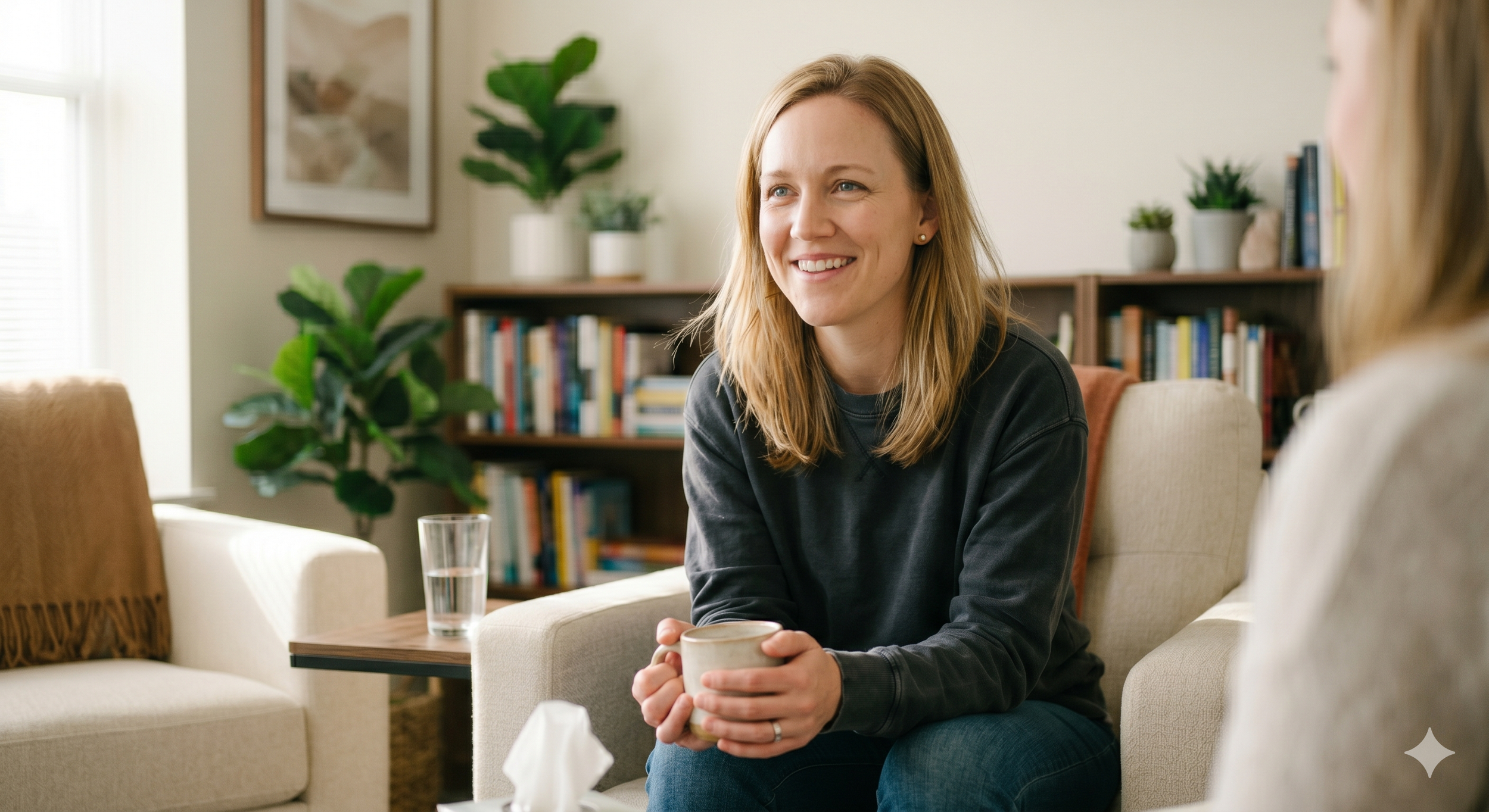 Woman sitting on couch at therapy office gently smiling