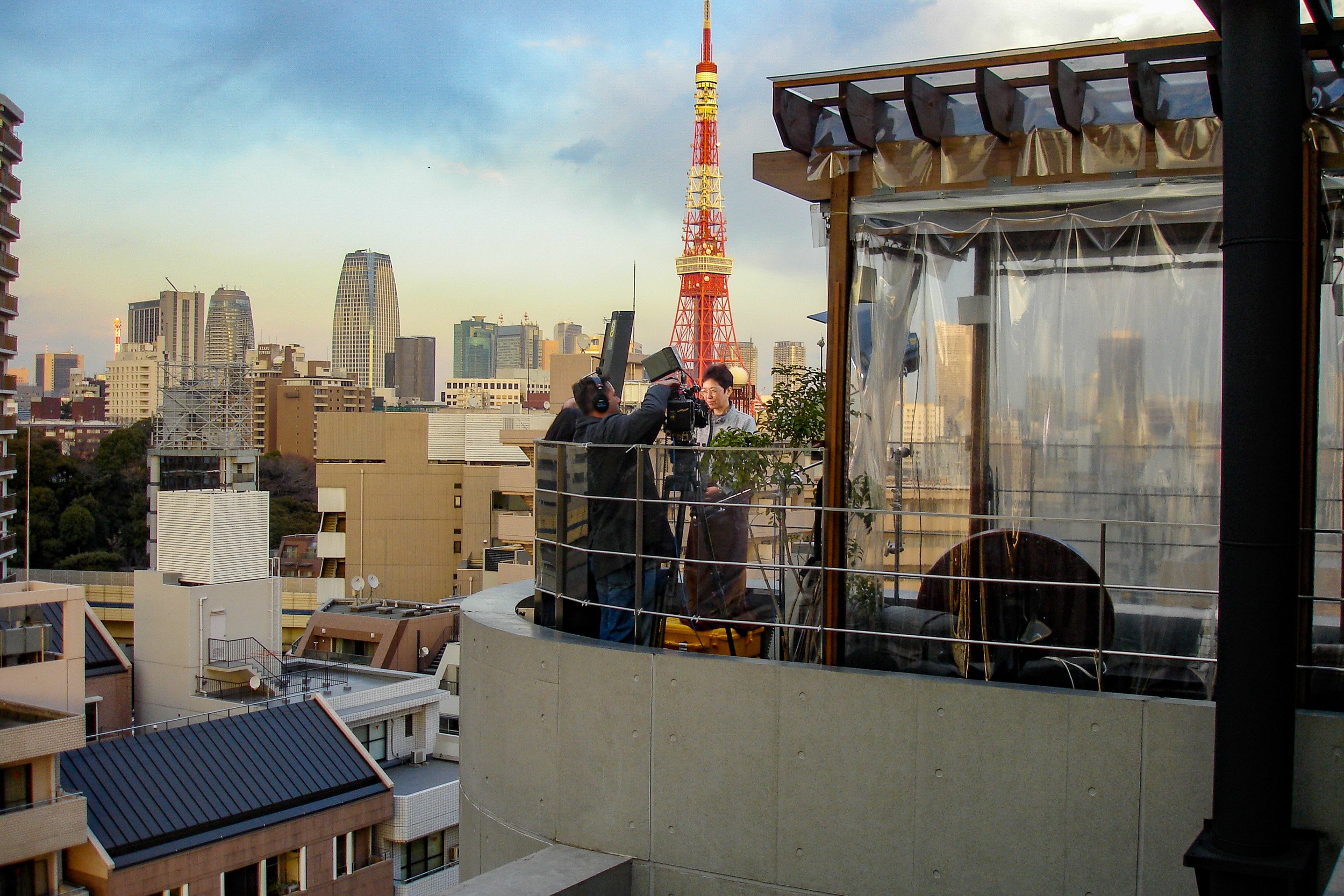 Trying to frame Tokyo Tower behind our interviewee