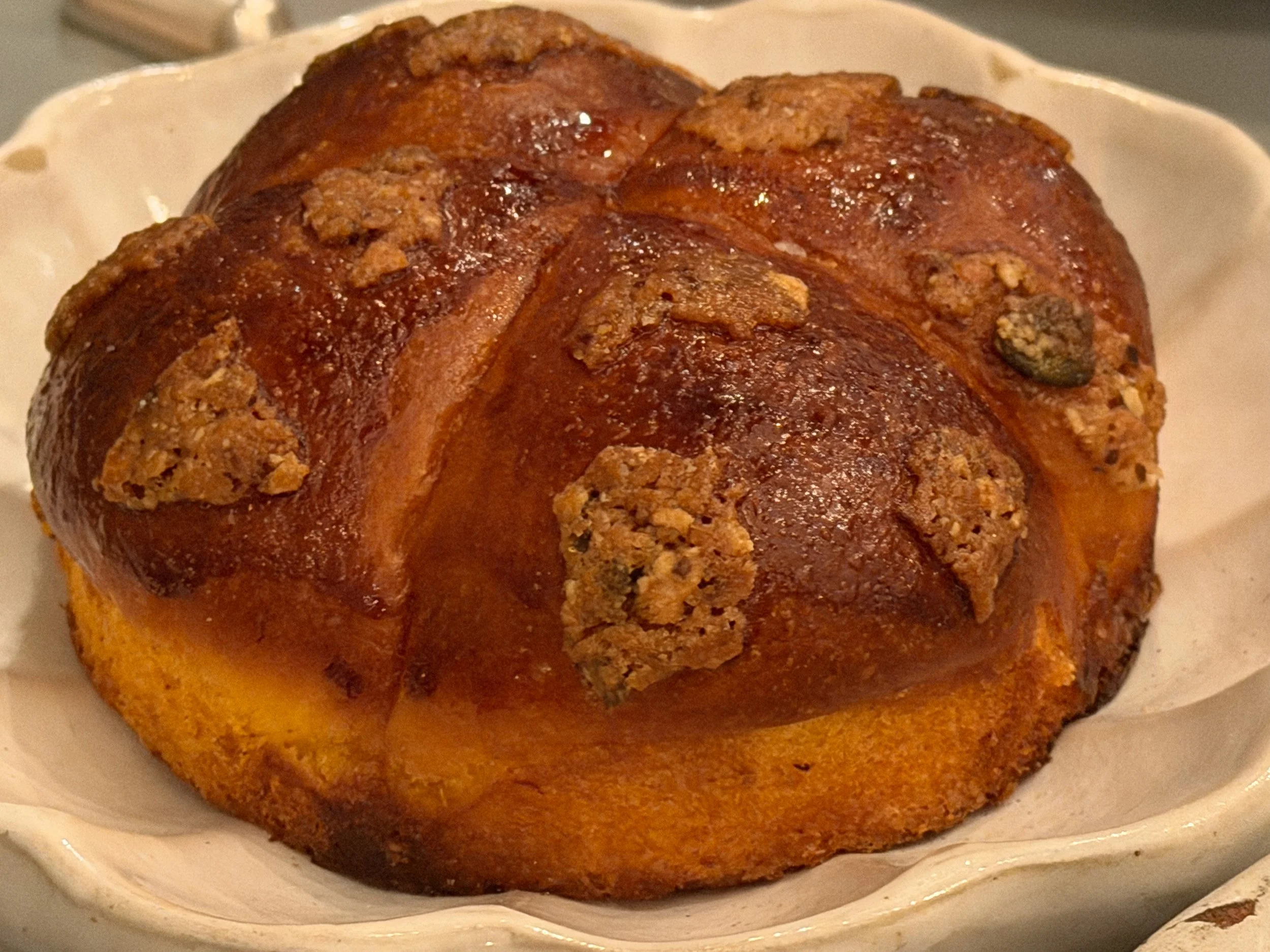 A brioche just out of the oven. 