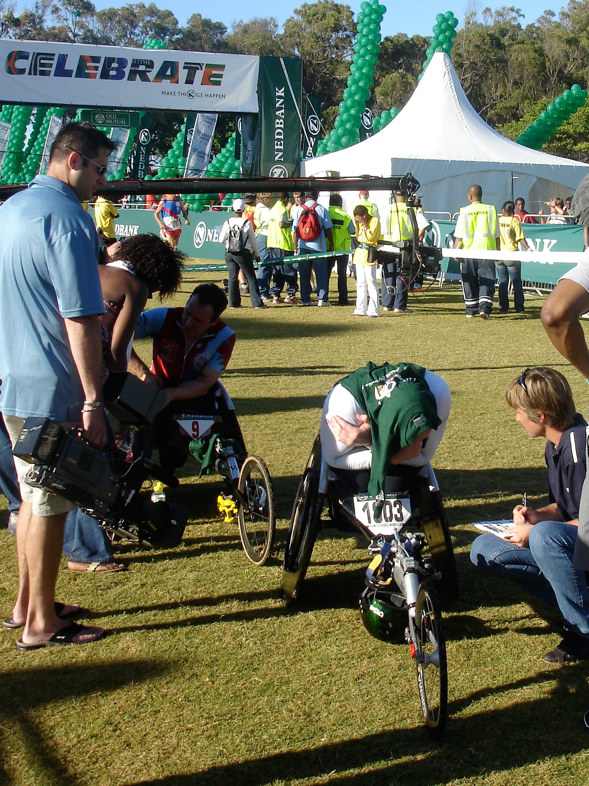 Post-race pain and media interview
