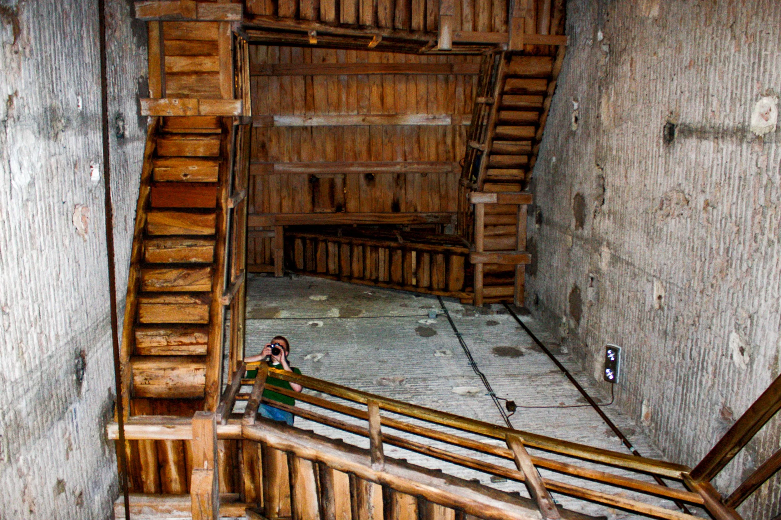 Noah climbs the stairs inside one of the towers.