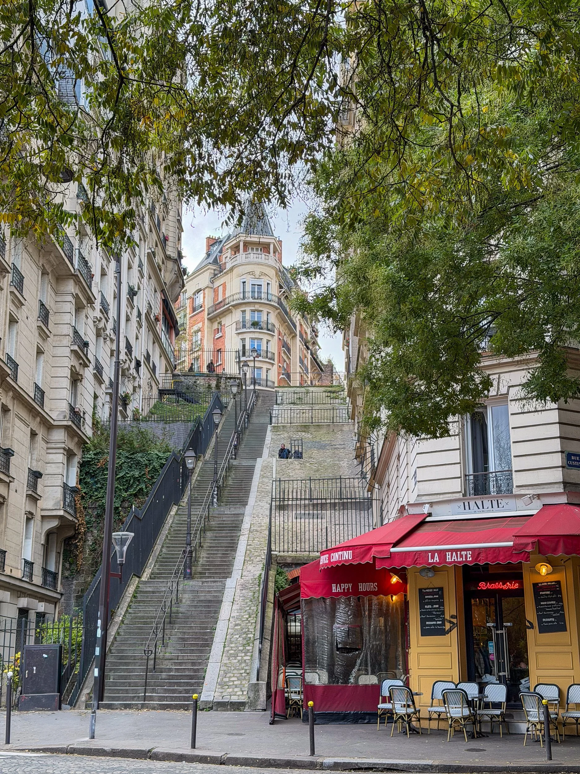 Montmartre stairs and café.