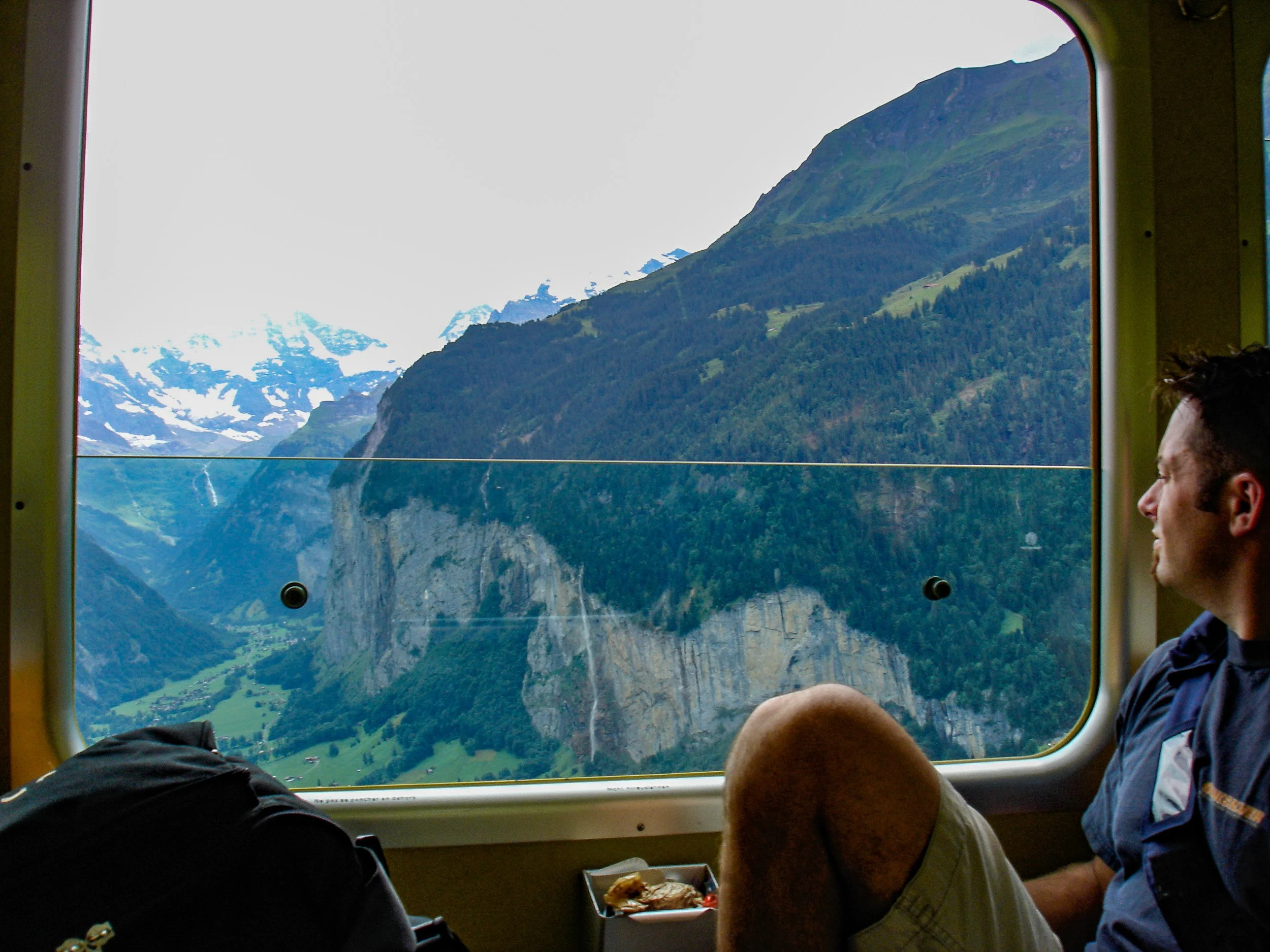 Riding the cogwheel train down to Lauterbrunnen