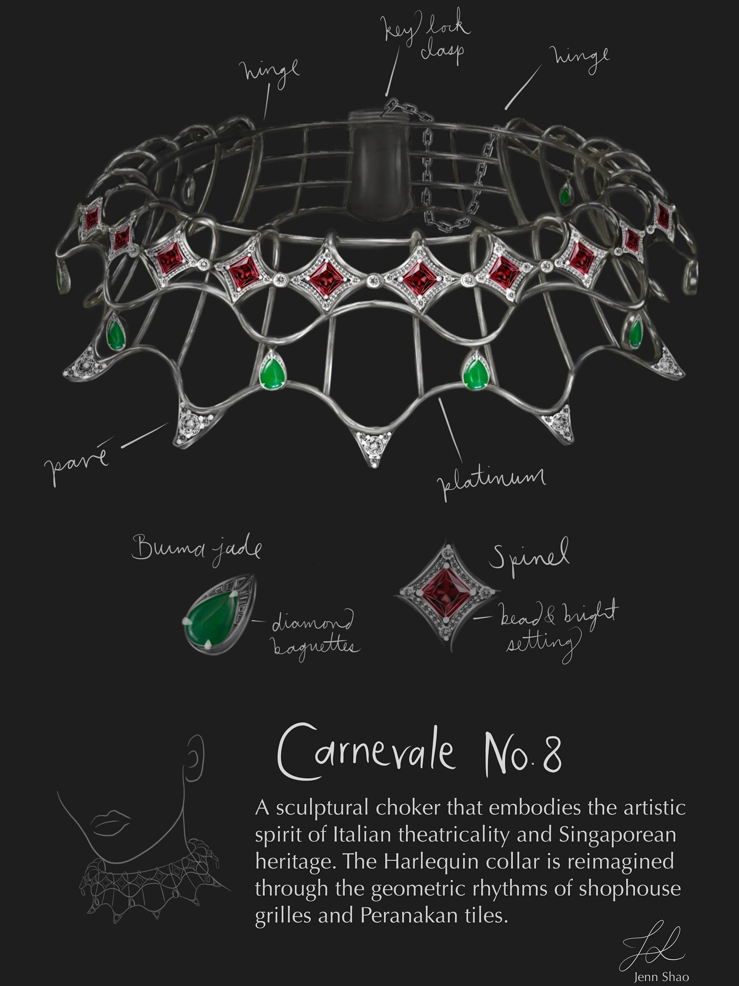 Submission for the Brillante Jewellery Design Competition SG60: 𝘊𝘦𝘭𝘦𝘣𝘳𝘢𝘵𝘪𝘯𝘨 𝘵𝘩𝘦 𝘧𝘢𝘤𝘦𝘵𝘴 𝘰𝘧 𝘚𝘪𝘯𝘨𝘢𝘱𝘰𝘳𝘦. To reflect the Singapore-Italy partnership.