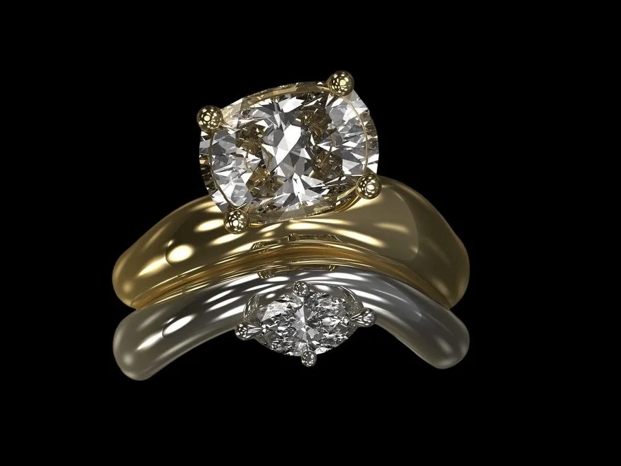 Bespoke platinum wedding ring with marquise diamond to form with her cushion cut engagement ring. Over the moon for this absolutely unique set.