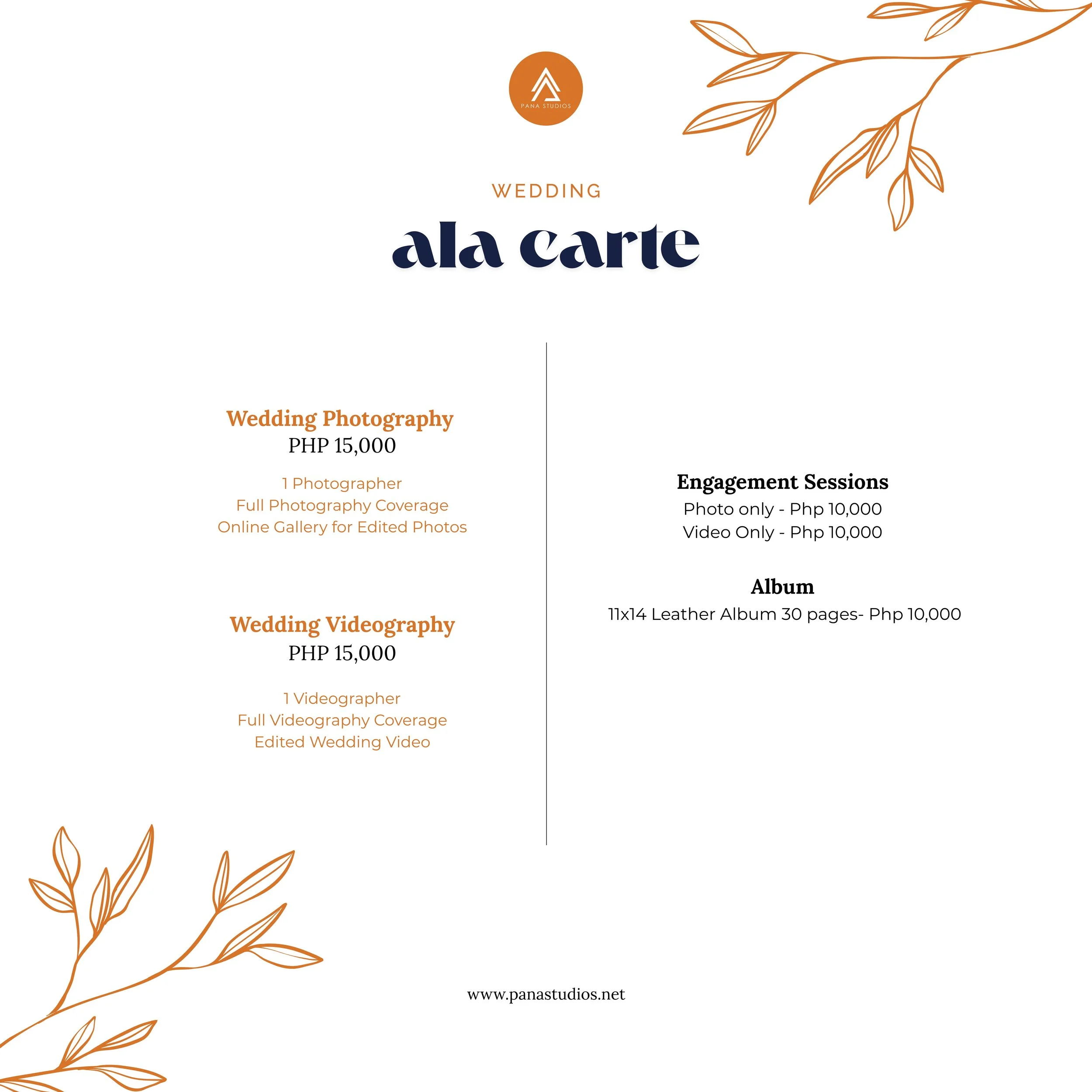 Wedding photography and videography pricing menu with decorative leaves, featuring options for wedding photography, videography, engagement sessions, and an album, with prices listed in PHP.