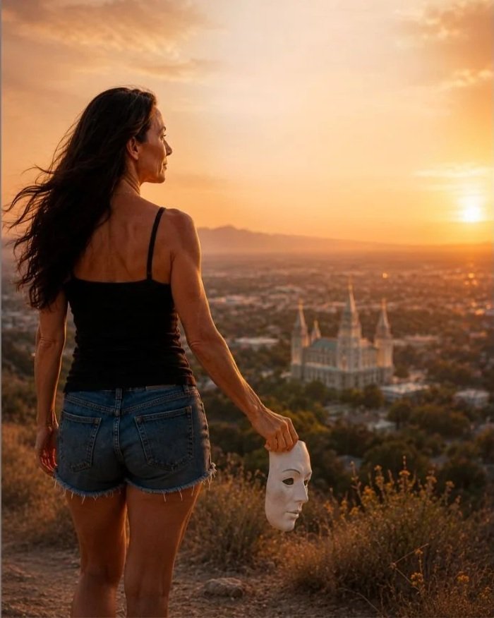 A woman with long dark hair, wearing a black tank top and denim shorts, standing outdoors at sunset on a hill overlooking Salt Lake City valley with a temple in the distance, holding a white mask in her right hand.