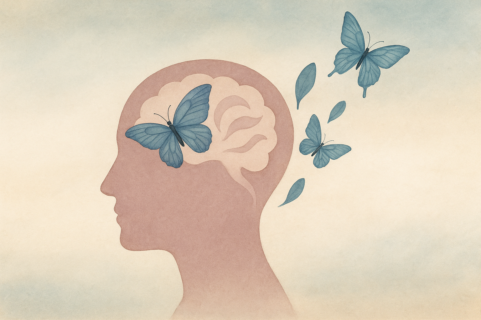 Illustration of a human head silhouette with butterflies emerging from the brain, symbolizing healing and transformation through trauma therapy in Kirkland, Eastside, and across Washington State.