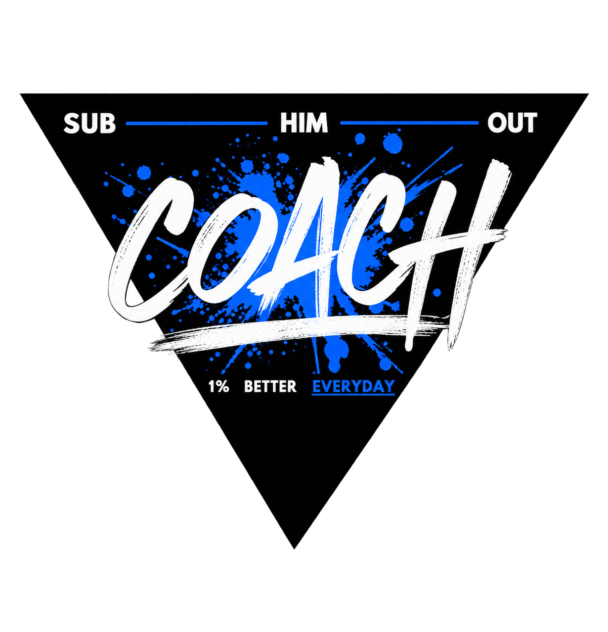 A black background with a bold white and blue graphic design that emphasizes the word "COACH" in large, brush-stroke style font. Above, there are three labels: "SUB," "HIM," and "OUT," connected by lines. Blue paint splatters are behind the text. Bel