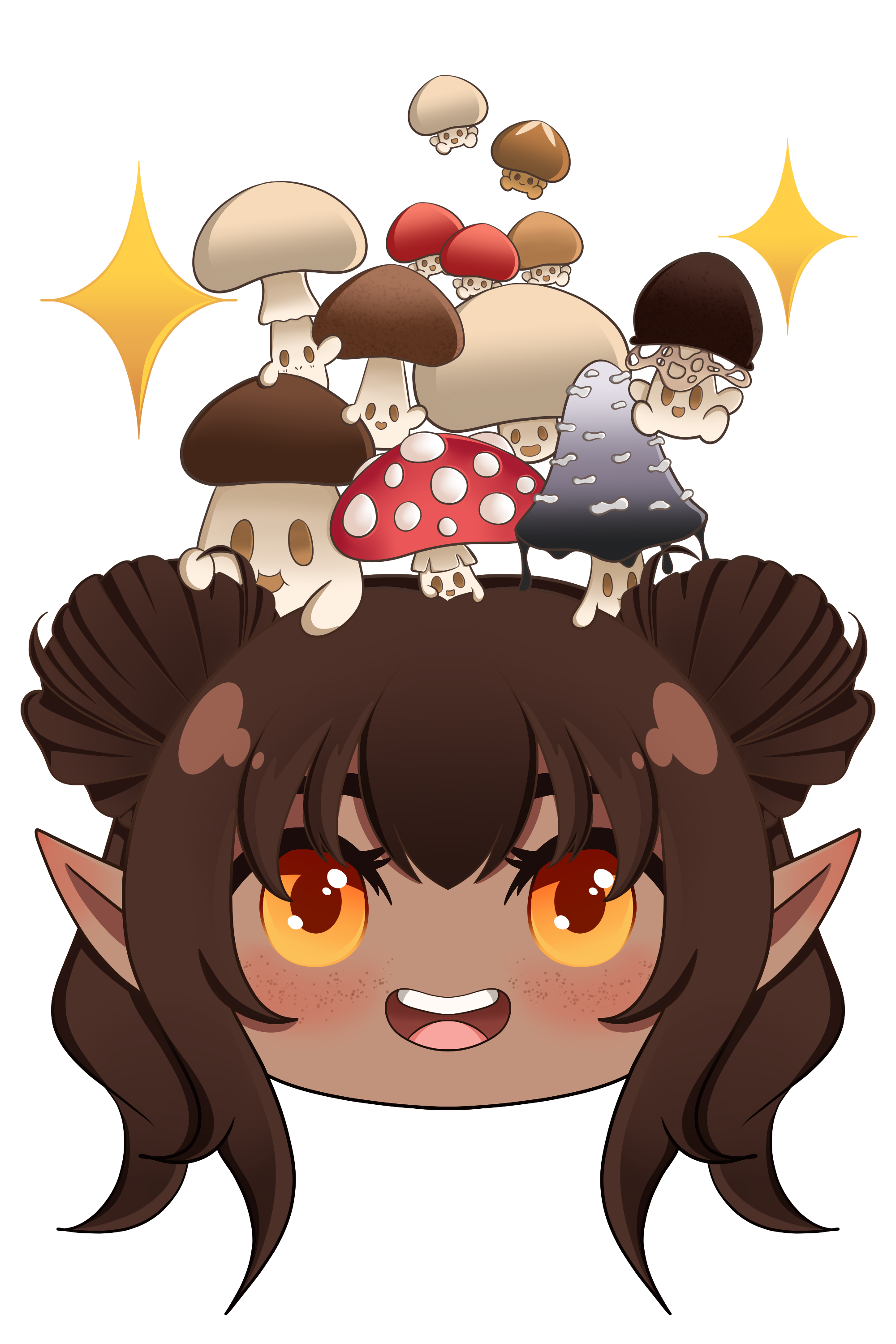 Anime-style girl with pointed elf-like ears and orange eyes, partially visible at the bottom, with brown hair and a playful expression. Her head is topped with various mushrooms and fungi, including red, brown, white, and black mushrooms, arranged as