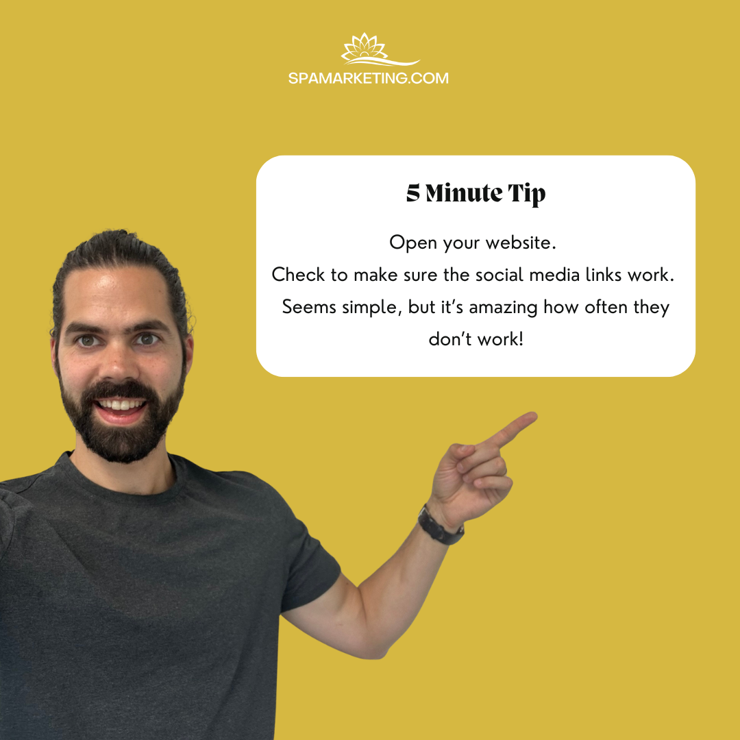 A man with a beard and mustache smiling and pointing at a white text box on a yellow background. The text box provides a social media tip about checking website links, and the logo of SPAMARKETING.COM is placed above the text.