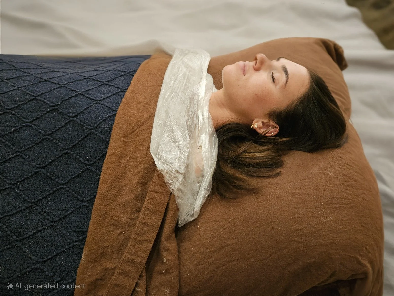 A woman is lying on a massage table with eyes closed, covered with a brown blanket, and a white cloth around her neck, in a spa or wellness setting.