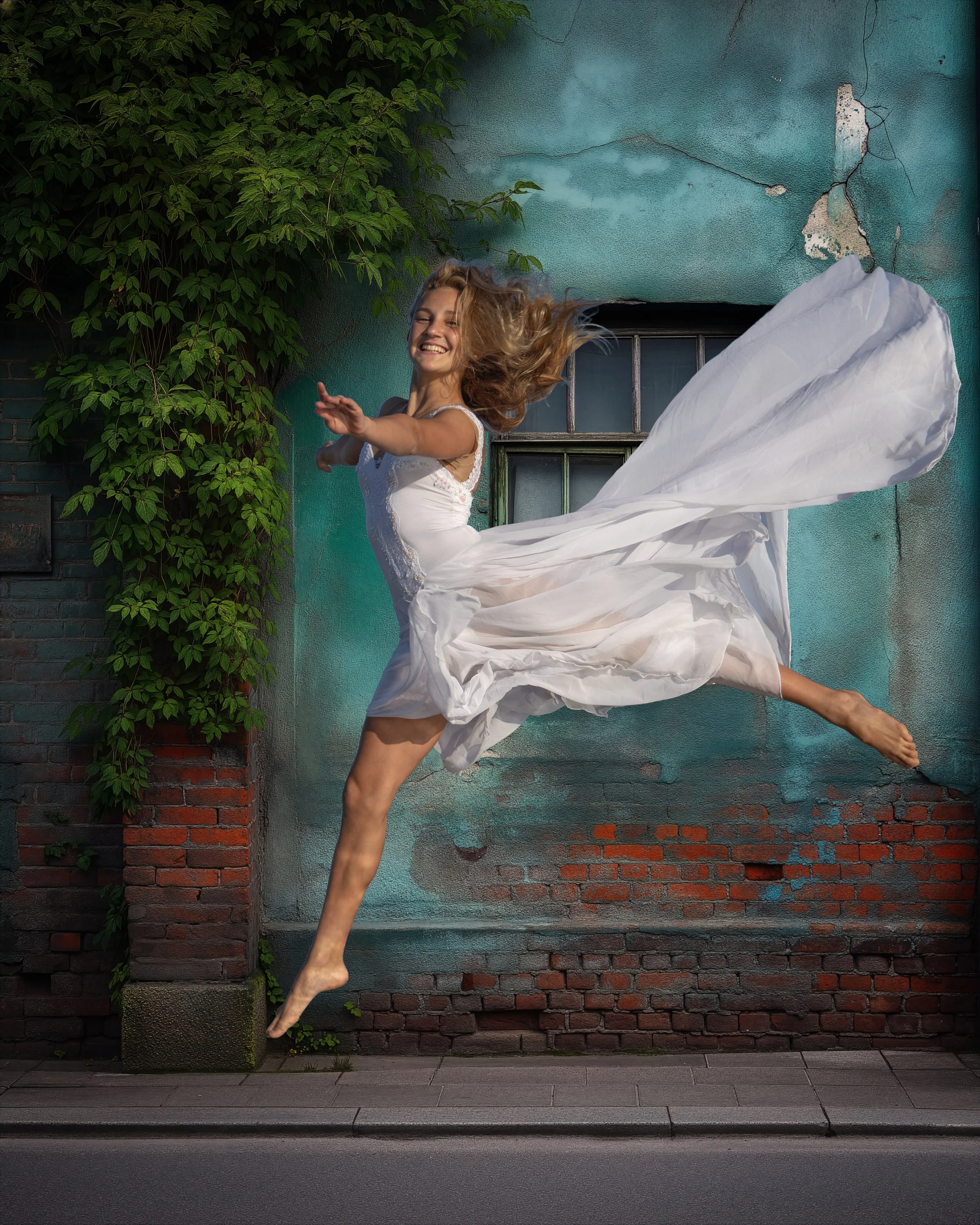 Underwater photo of a woman diving with a flowing pink fabric, set against a dark background.